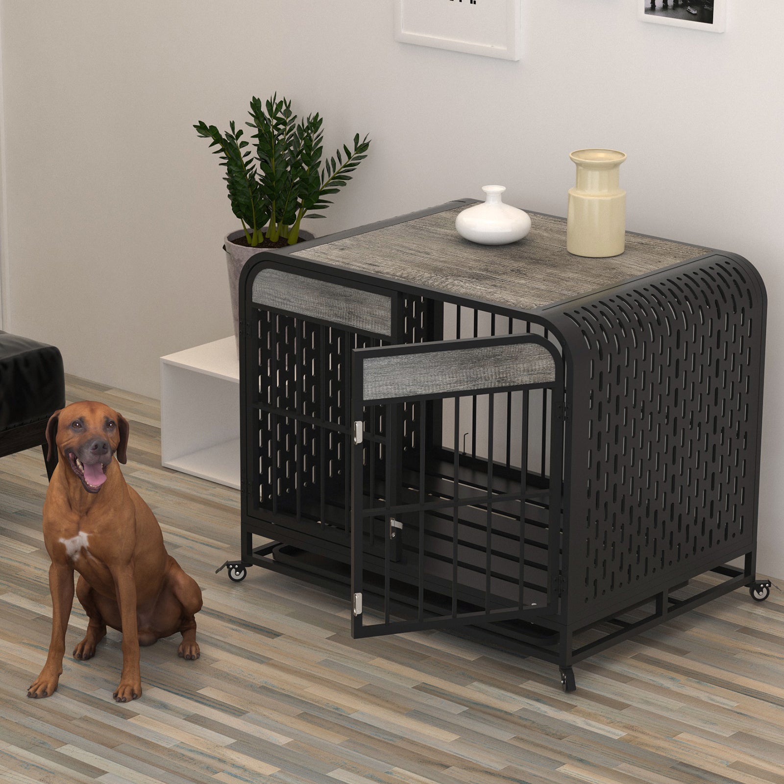 Heavy Duty Dog Crate Furniture Wooden Table Pet Dog Cage Kennel House Indoor Side End Table Decor With Removable Trays And Lockable Wheels For Small Dogs 33" Grey Grey Outdoor Kennel Small 11 25 Lbs Mdf Steel