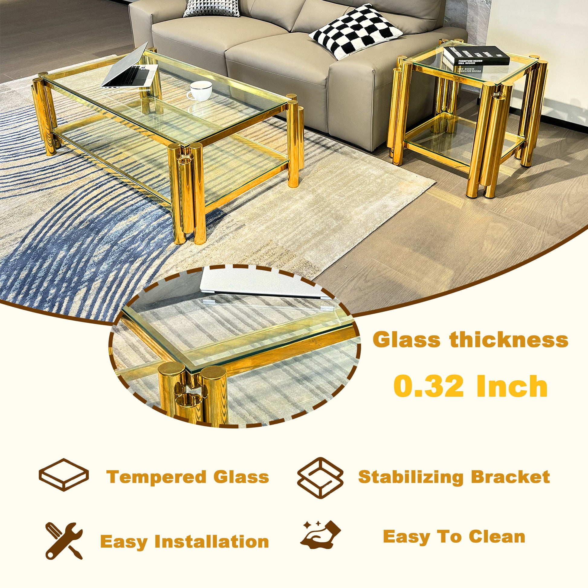 47" Wide Rectangle Modern Stainless Steel Coffee Table, Double Layer Clear Tempered Glass Coffee Table, Center Table With Storage, For Living Room Home Office, Easy Assembly, Gold Clear,Gold Modern