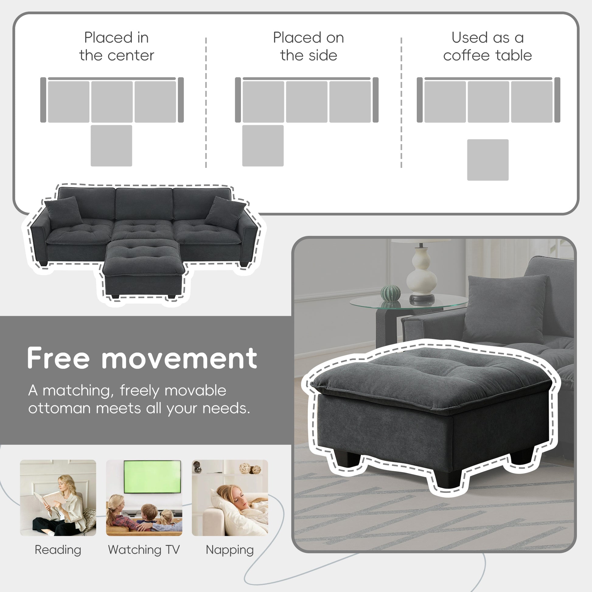 100*59" Modern Convertible Sectional Sofa,L Shaped Reversible Couch Set With Free Pillows,4 Seat Suede Velvet Sleeper Sofa With Ottoman For Living Room,Apartment,Office,3 Colors Dark Gray Suede 4 Seat