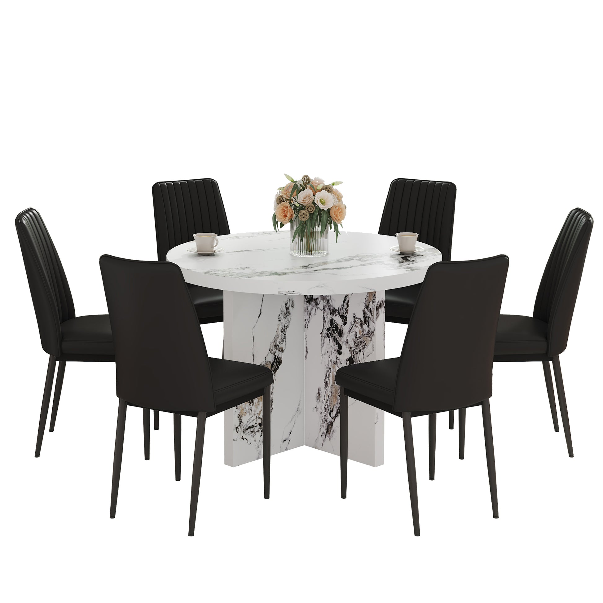 7 Piece Round Dining Table Set, 42 Inch Modern Round Table And 6 Upholstered Chairs For Dining Room, Kitchen Room, Living Room, Easy Assembly Metal White Black 42 Inches Modern Pedestal Round Mdf