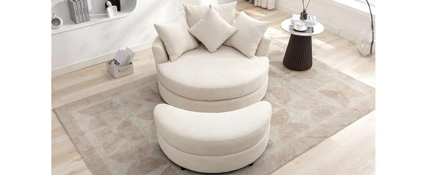 Orisfur. 360 Swivel Accent Barrel Chair With Storage Ottoman & 4 Pillows, Modern Chenille Leisure Chair Round Accent For Living Room, Cream Cream Foam Chenille