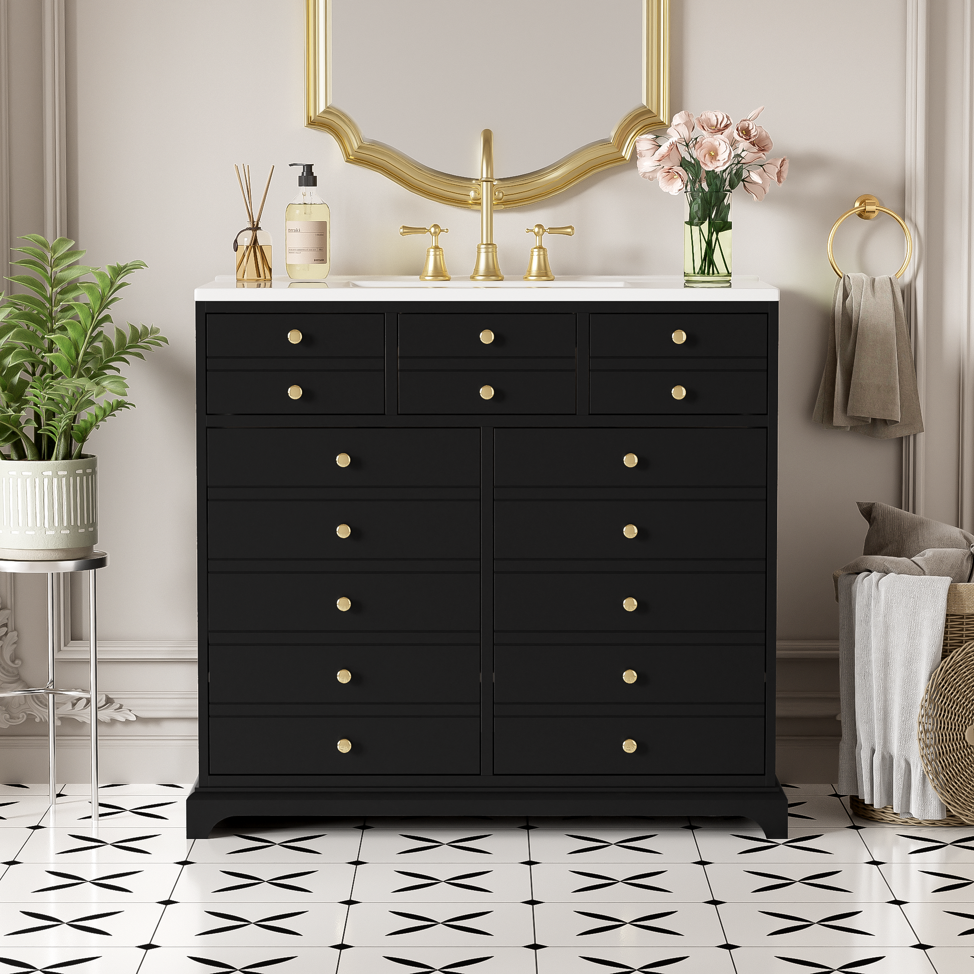 36'' Bathroom Vanity With Resin Sink Combo, Solid Wood Frame Bathroom Storage Cabinet, Freestanding Vanity Set With 2 Drawers& Soft Closing Doors, Black Black Bathroom Solid Wood Mdf Resin