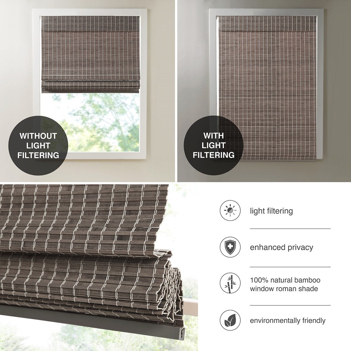 Bamboo Light Filtering Roman Shade 64"L Grey Ash Bamboo