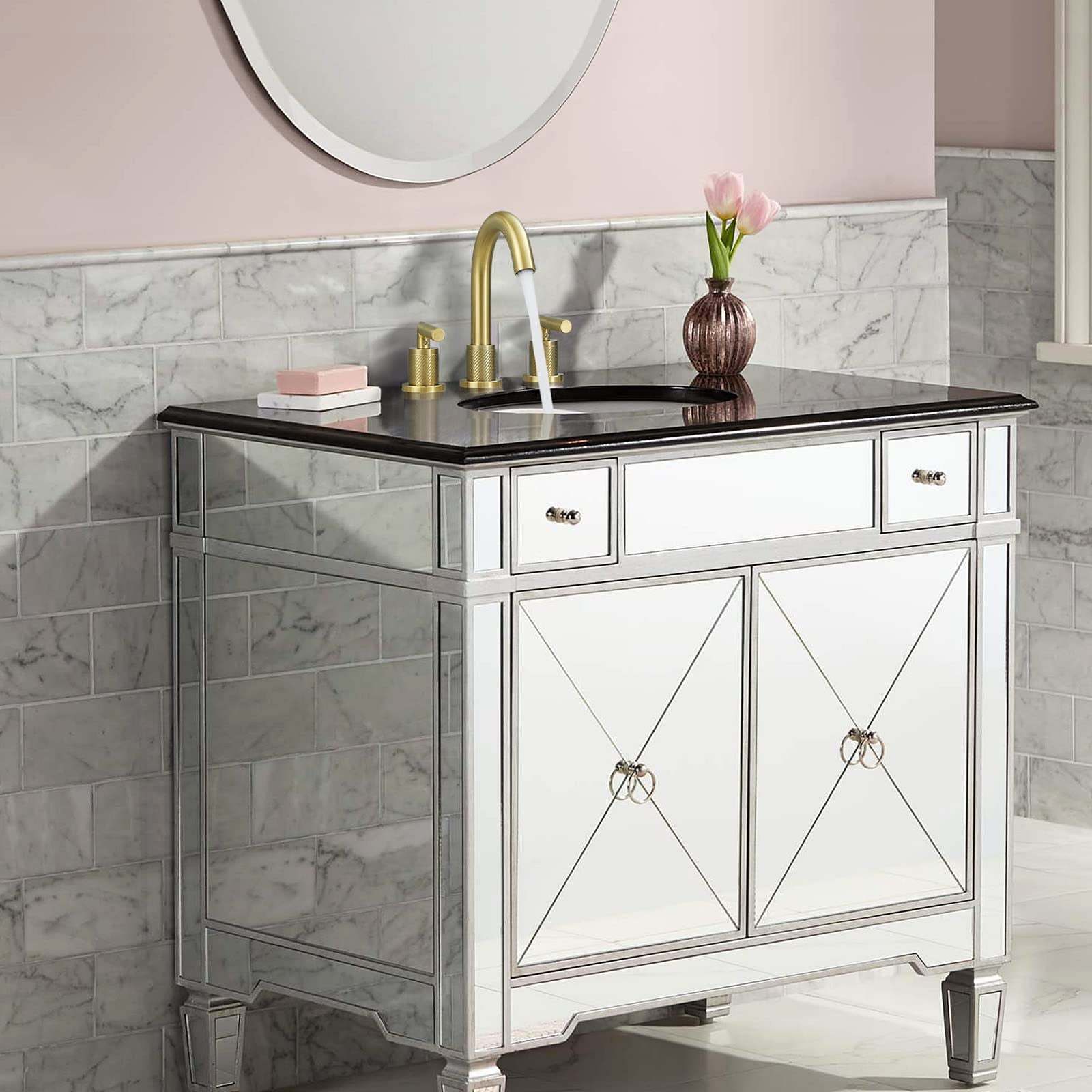 Gold Bathroom Faucet 2 Handle 8 Inch Bathroom Sink Faucets Stainless Steel 3 Hole Widespread With Pop Up Drain And Water Supply Hoses, Brushed Gold Brushed Gold Metal