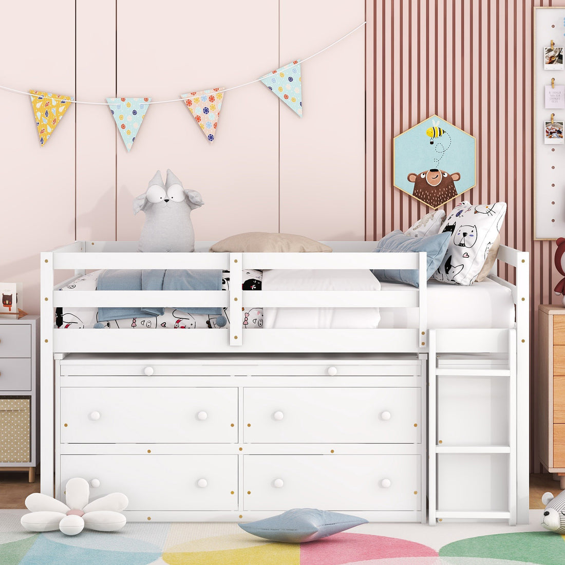 Full Size Loft Bed With Retractable Writing Desk And 4 Drawers, Wooden Loft Bed With Lateral Portable Desk And Shelves, White Full White Solid Wood Mdf