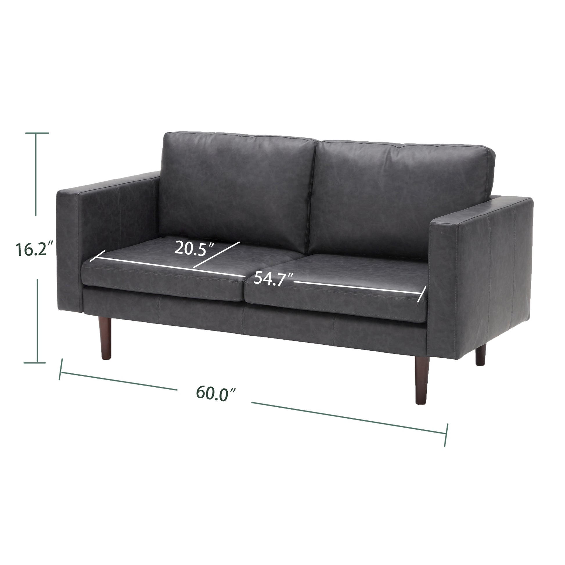 65'' Faux Leather Sofas For Living Room, Black Couch Loveseat Small Spaces Bedroom With Solid Wooden Frame And Padded Cushion, Mid Century Modern Decor Beautiful Seats Furniture, Black Brown Wood Bedroom Heavy Duty Oak 2 Seat Antique Black Faux Leather