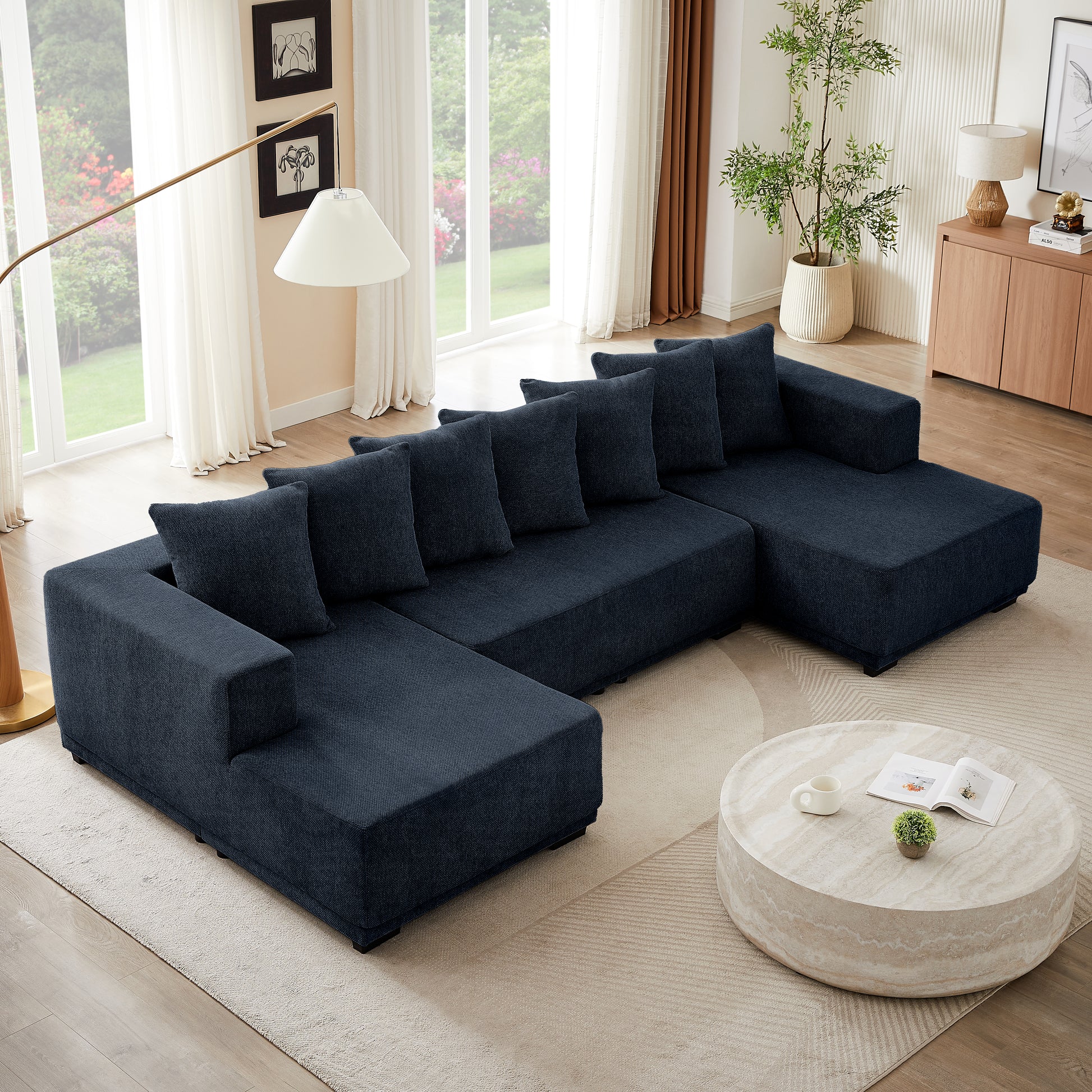 Chenille U Shaped Sectional Sofa Set,Minimalist Style Modular Sectional Sofa, Luxury Chenille Fabric Cloud Couch For Living Room Blue Chenille 6 Seat