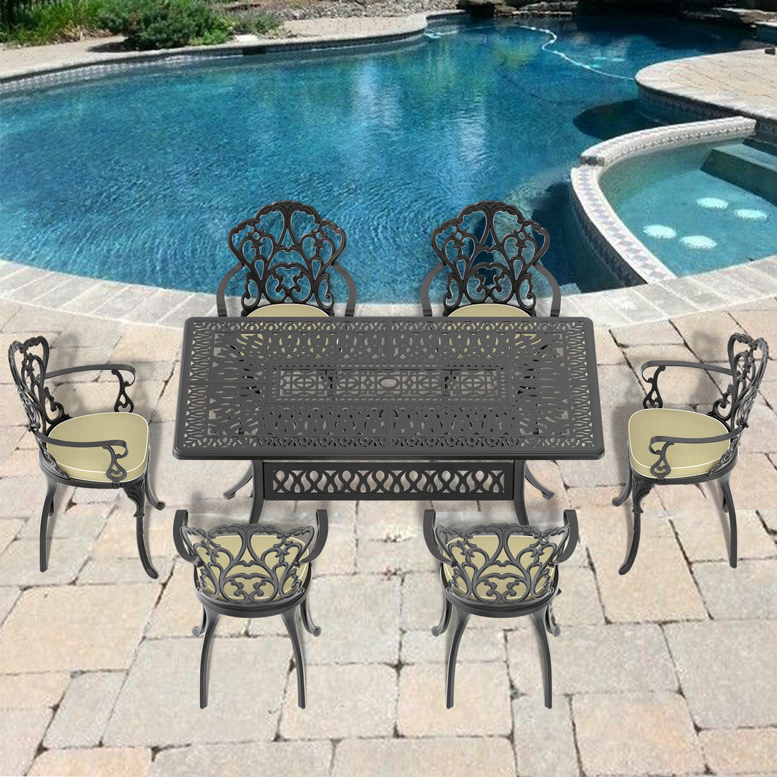 Cushions In Random Colors 7 Piece Set Of Cast Aluminum Patio Furniture With Cushions Yes Dining Set Black Seats 6 Rust Resistant Frame Water Resistant Cushion Garden & Outdoor Complete Patio Sets Aluminium