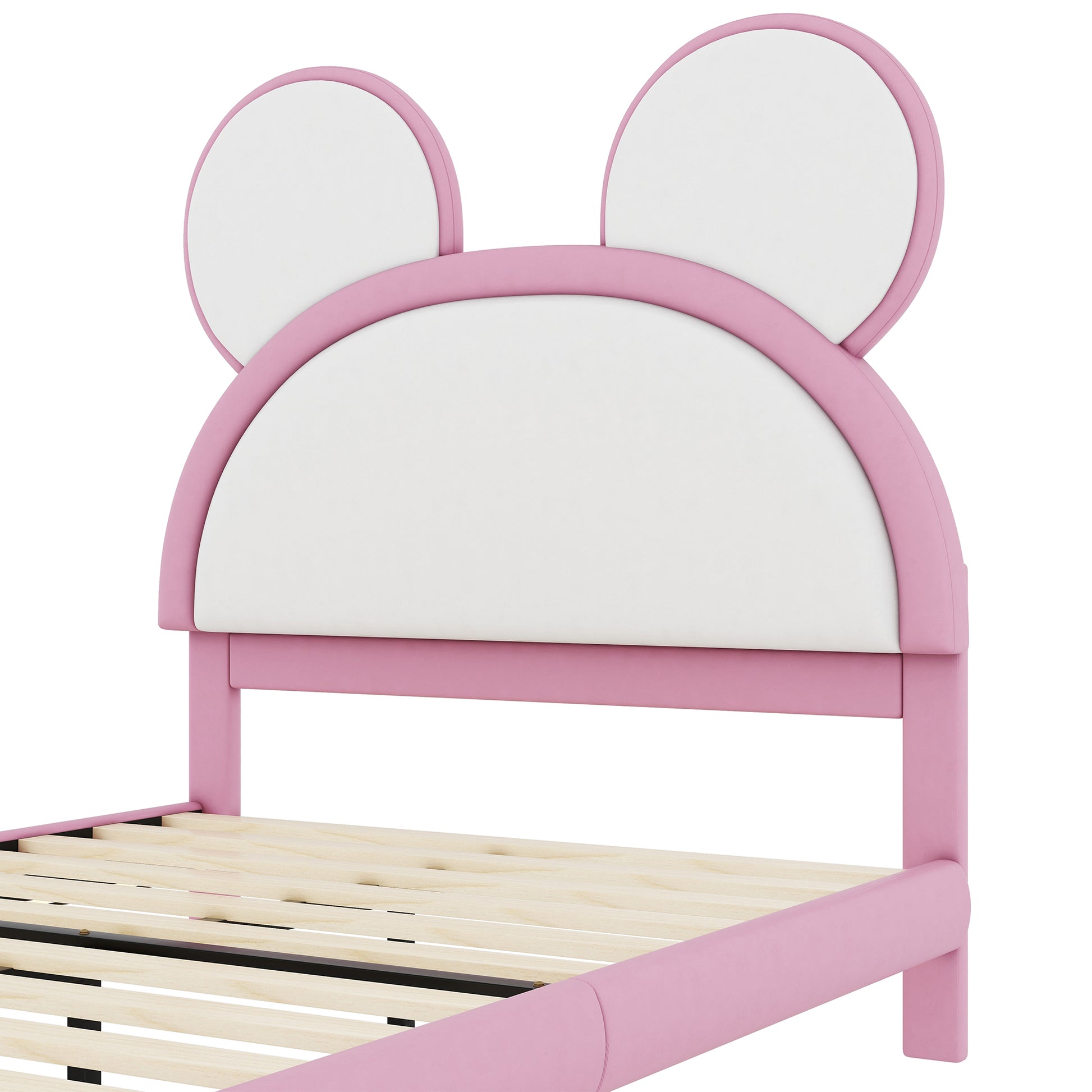 Full Size Upholstered Platform Bed With Cartoon Ears Shaped Headboard And Led, White&Pink Box Spring Not Required Full White Pink Bedroom Bed Frame Faux Leather Upholstered