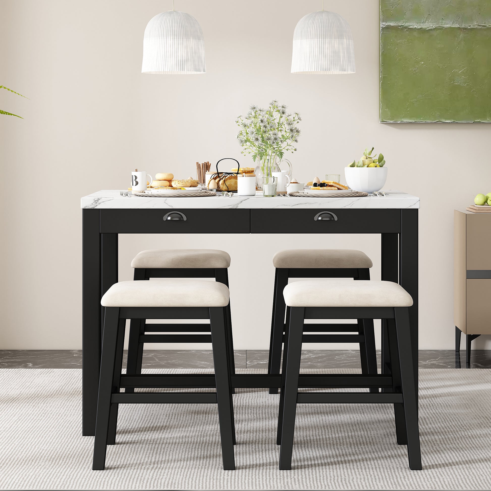 3 Piece Modern Faux Marble Versatile Bar Table Set With Storage Drawers And Padded Stools, Ideal For Space Saving Dining Nooks Or Small Kitchens Black Black Solid Wood Mdf