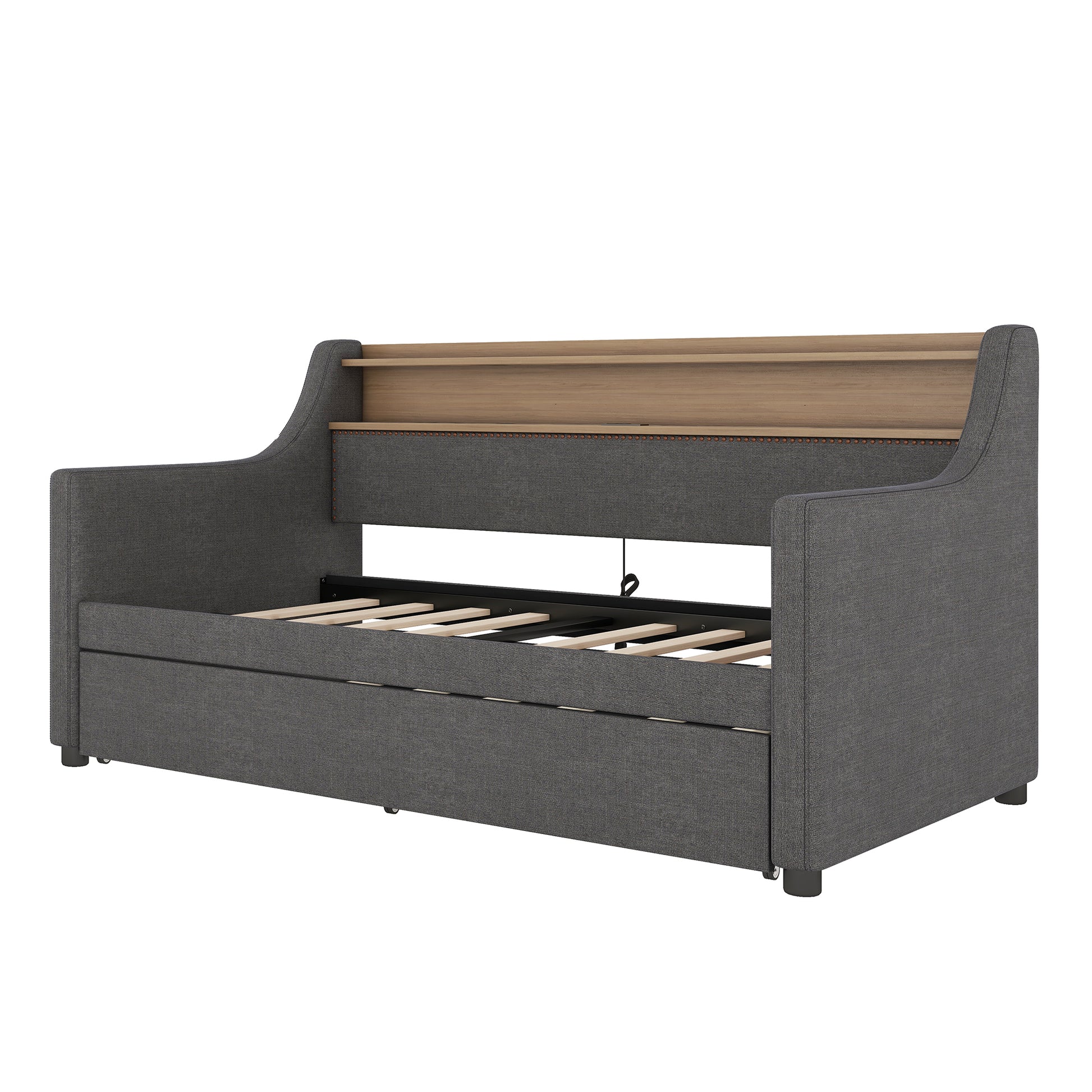 Twin Size Daybed With Trundle Bed, Upholstered Daybed With Charging Station And Led Lights, Gray Twin Gray Linen
