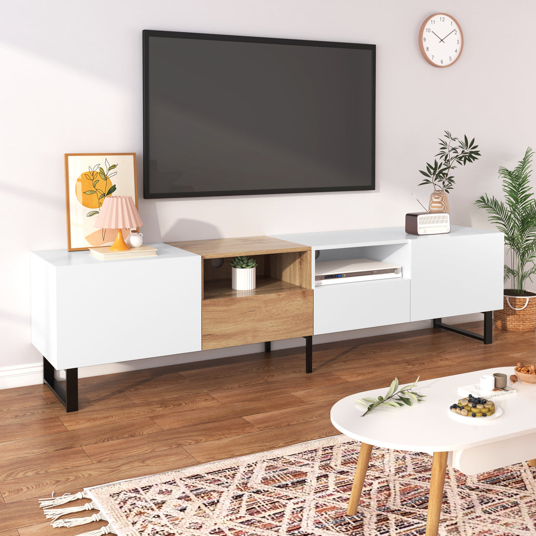 Modern Tv Stand With 2 Cabinets& Open Storage Compartment, Color Matching Media Console Table For Tvs Up To 85'', Entertainment Center With Drop Down Door For Living Room, Bedroom, Home Theatre Wood Brown Primary Living Space 70 79 Inches 90 Inches Or