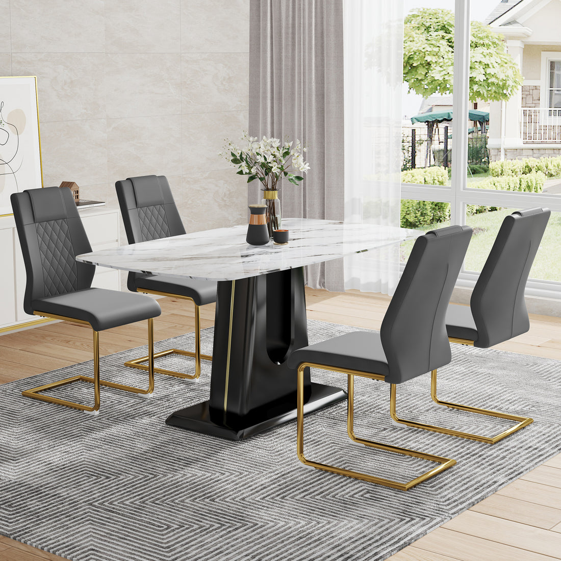 Table And Chair Set, Modern And Minimalist Dining Table, Imitation Marble Patterned Tabletop, Mdf Legs With U Shaped Brackets. Paired With Comfortable Chairs, Suitable For Dining And Living Rooms. Black Gold Mdf Glass