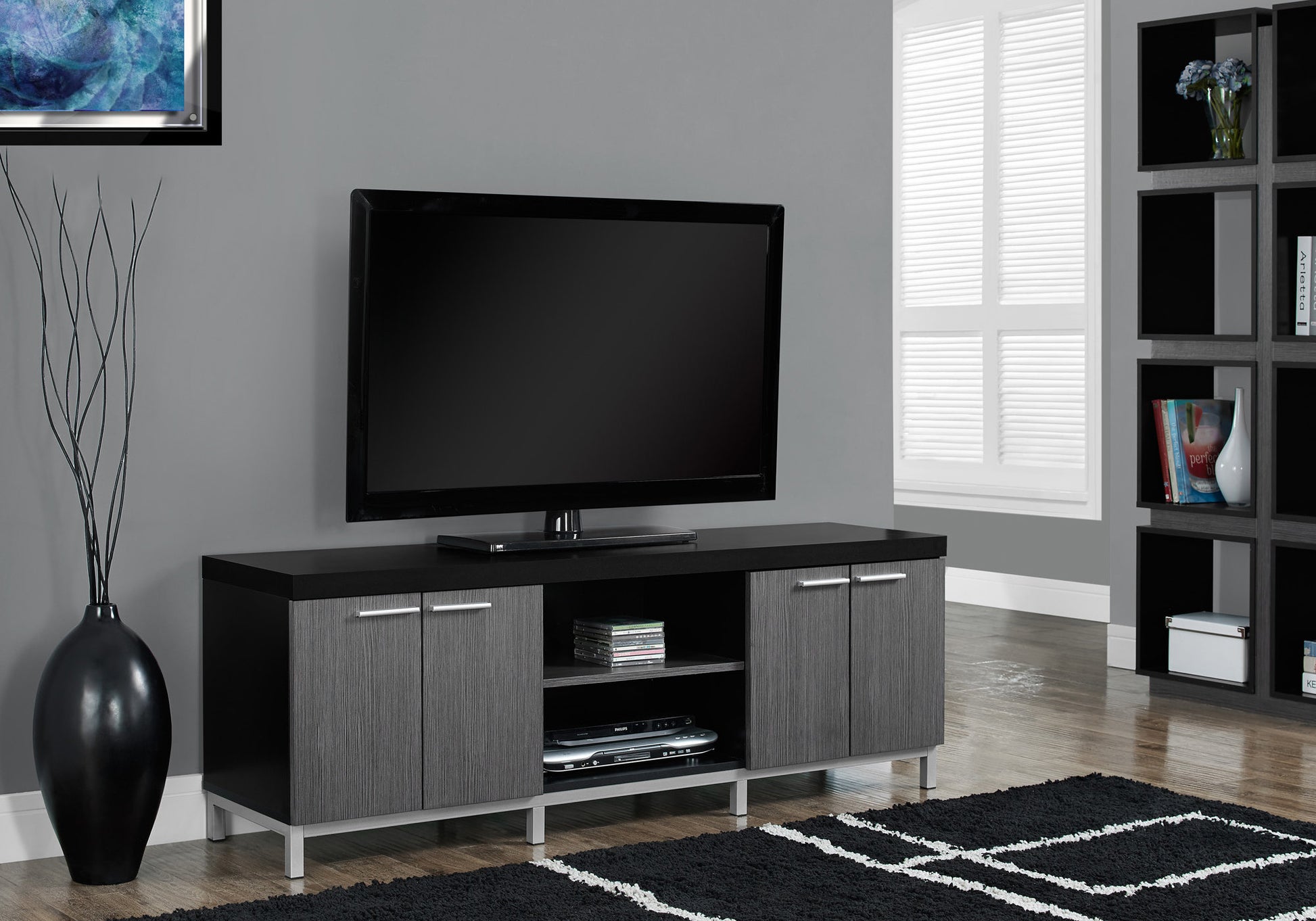 Tv Stand, 60 Inch, Console, Media Entertainment Center, Storage Cabinet, Living Room, Bedroom, Black And Grey Laminate, Contemporary, Modern Black 80 89 Inches Particle Board