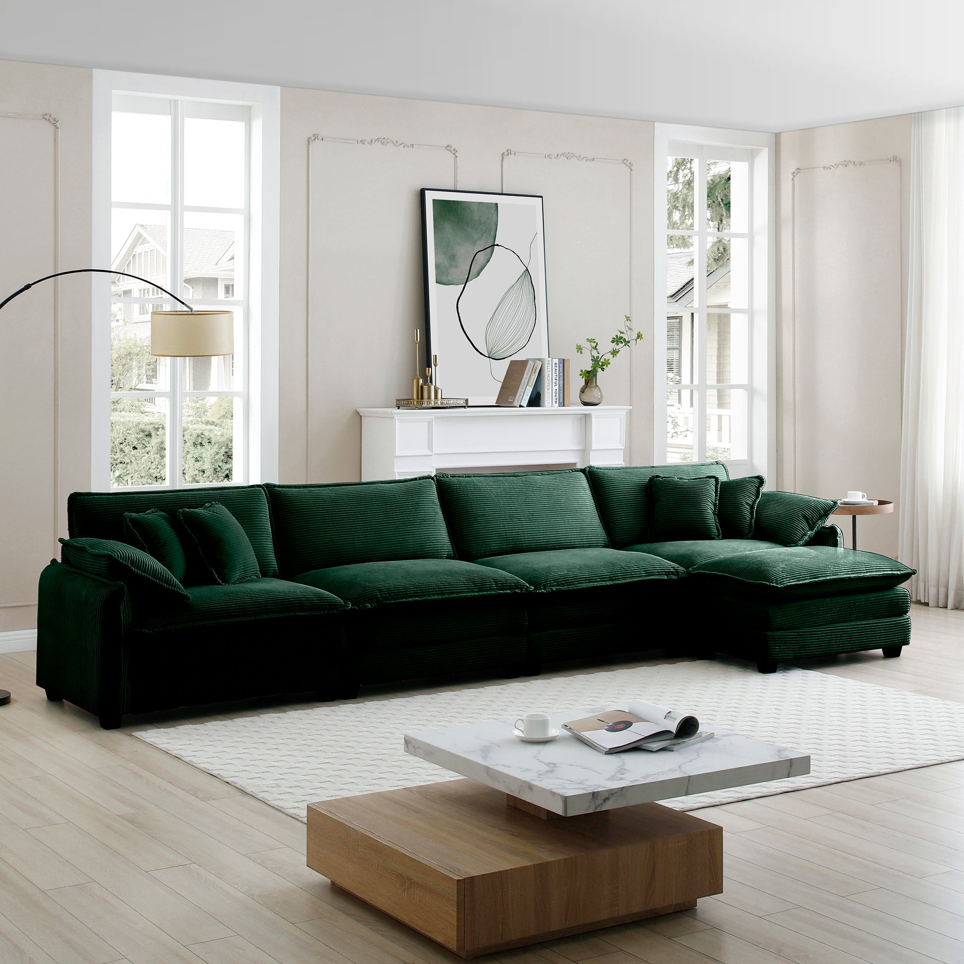 Corduroy Sofa Modern Upholstered 4 Seater With With 1 Footstool Corduroy Fabric Sofaoffice Living Room Apartment Comfort Sofa, Easy To Assemble With 2 Arm Pillows And 4 Throw Pillows Green Corduroy 4 Seat