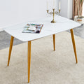Modern Minimalist Dining Table. White Imitation Marble Patterned Stone Burning Tabletop With Golden Metal Legs. 50 