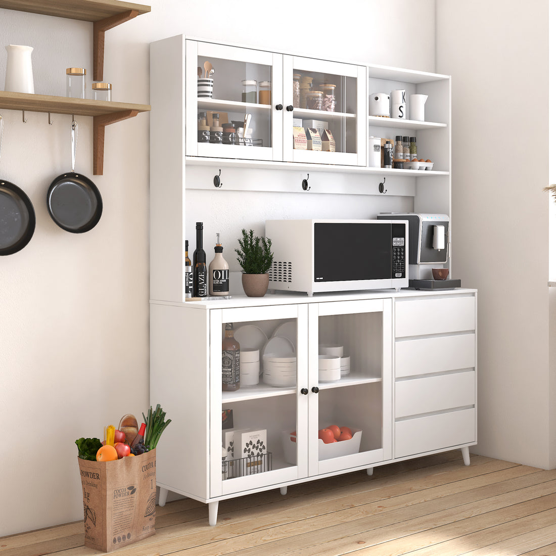 63" W Large Kitchen Hutch Cabinet, Freestanding Pantry Cabinets Storage Kitchen Cupboard With 4 Doors, 4 Drawers & Microwave Shelf, White White Mdf