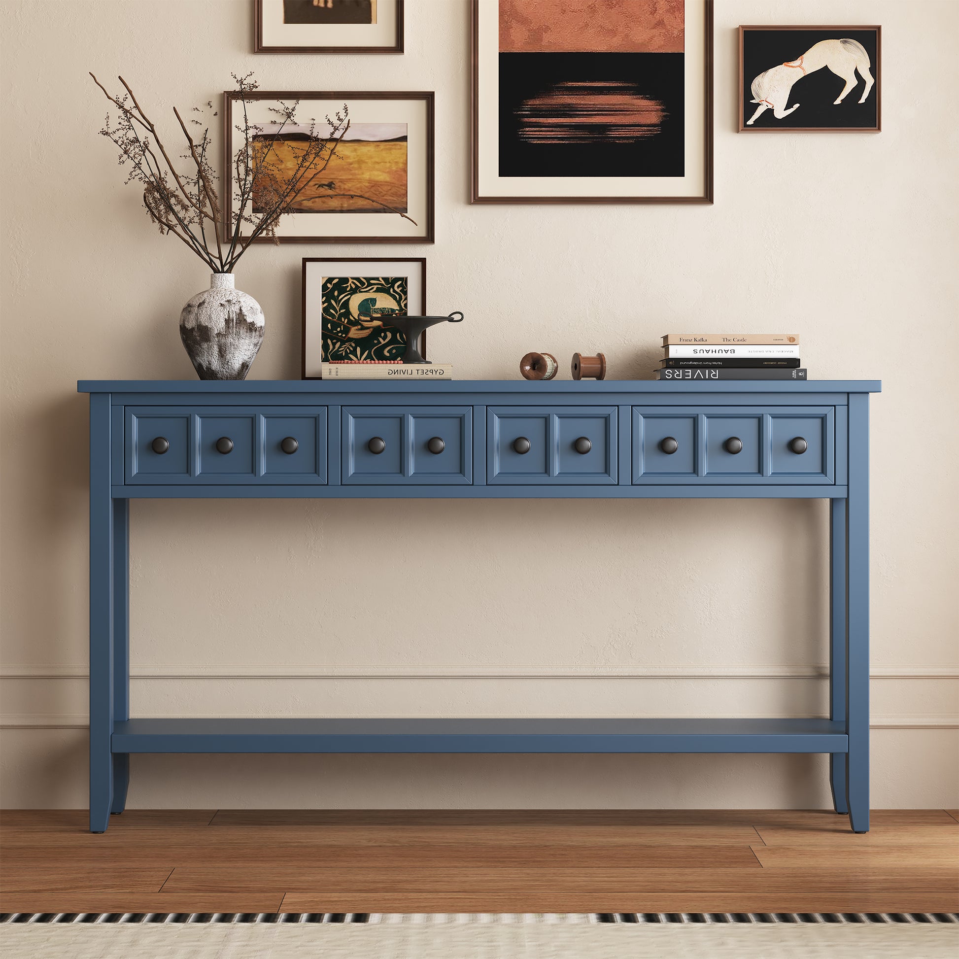 Rustic Entryway Console Table, 60" Long Sofa Table With Two Different Size Drawers And Bottom Shelf For Storage Antique Navy Antique Navy Solid Wood