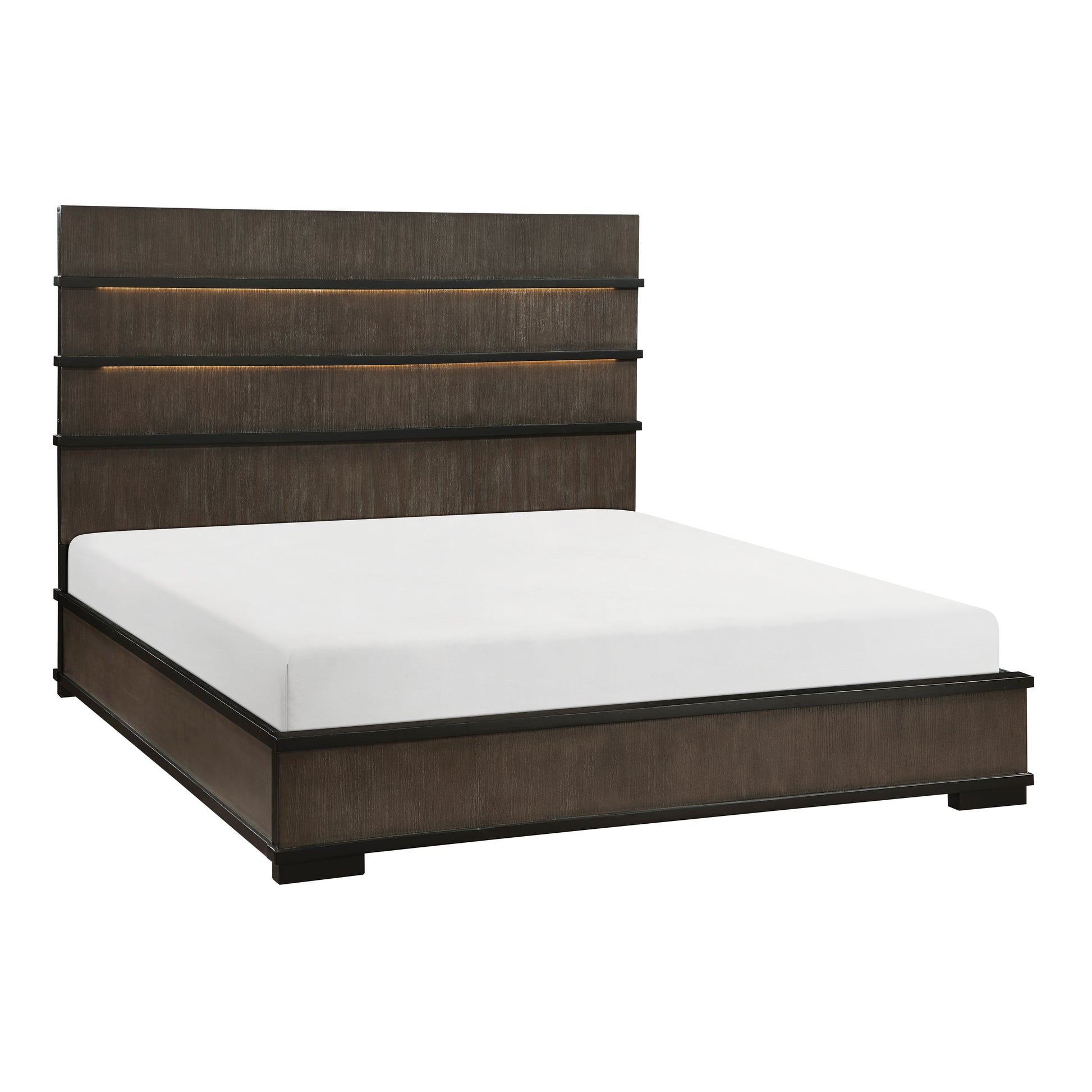 Two Tone Brown Black Finish Led Headboard King Bed 1Pc Modern Industrial Design Bedroom Furniture Box Spring Required King Black,Brown Gray Wood Bedroom Bed Frame Wood
