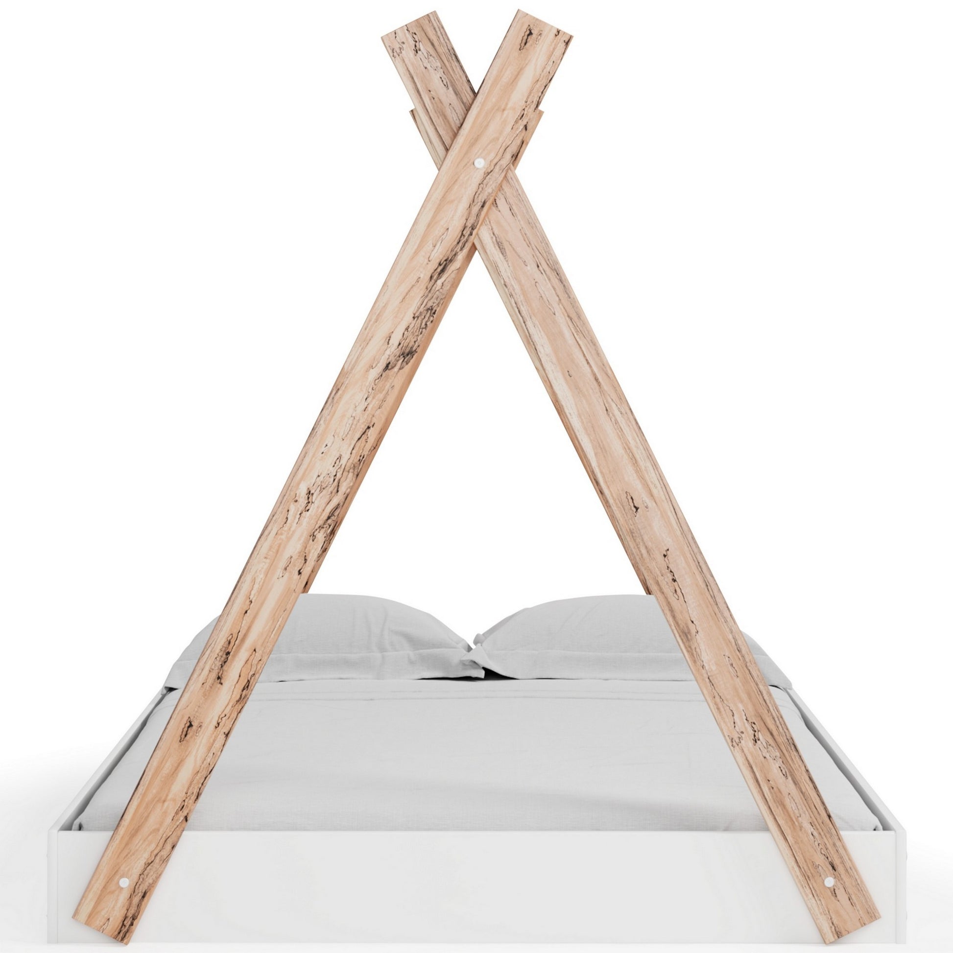 Pipa Modern Full Bed, Crossed Wood A Frame Tent Stand, Crisp White Base Brown White Engineered Wood