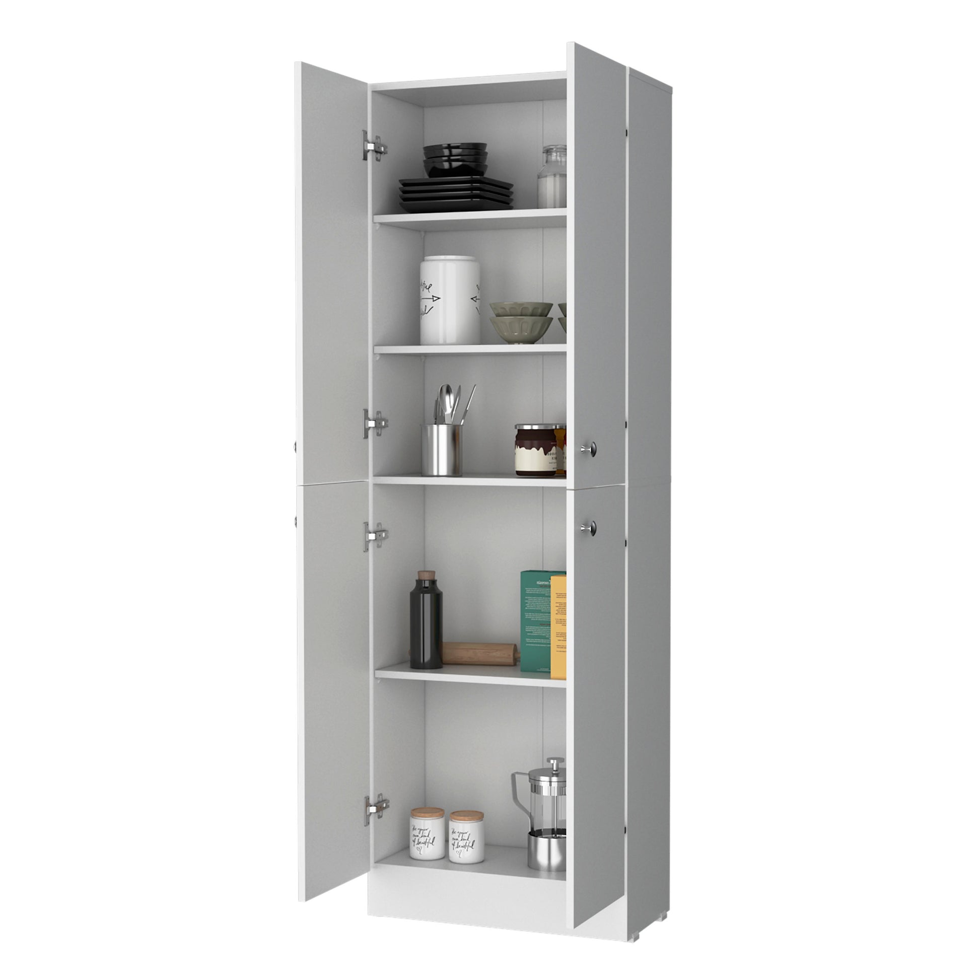 Cameron Pantry Cabinet With 4 Doors And 5 Hidden Shelves White White Kitchen Contemporary Rectangular Stationary Kitchen Islands Pine Particle Board Engineered Wood Small Less Than 40In