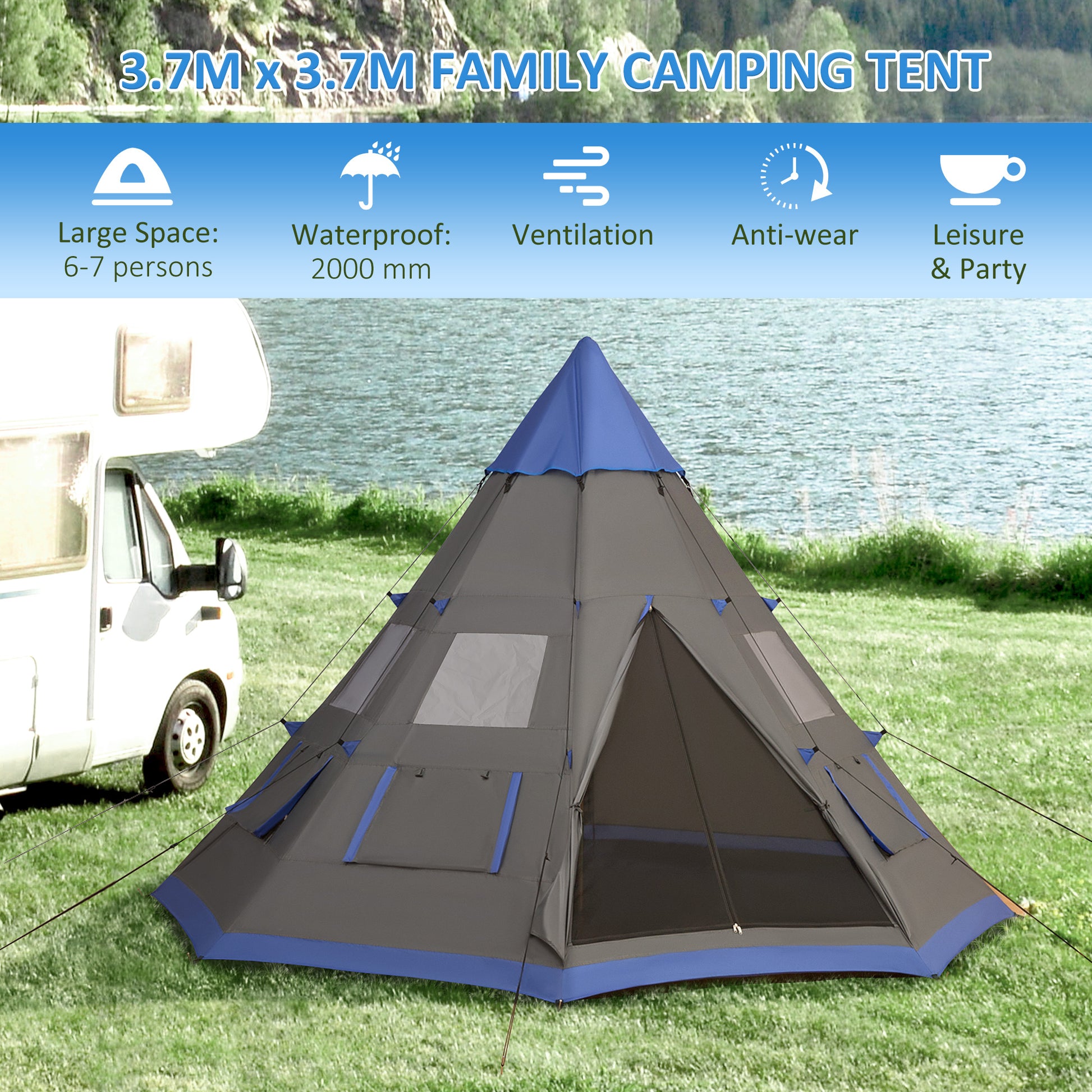 Outsunny 12Ft Camping Tent 6 7 Person 4 Season With 8 Mesh Windows, Outdoor Teepee Tent With Waterproof Material For Family And Friends Camping Blue Polyester