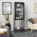 Stylish Tempered Glass High Cabinet With Arched Door Adjustable Shelves And Feet Anti Tip Dust Free Fluted Glass Kitchen Credenza Black Black Tempered Glass Sheet Metal Plastic