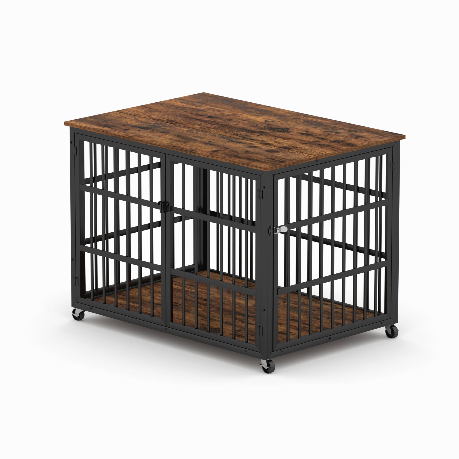 Furniture Style Dog Crate Wrought Iron Frame Door With Side Openings, Rustic Brown, 43.3''W X 29.9''D X 33.5''H. Rustic Brown Particle Board