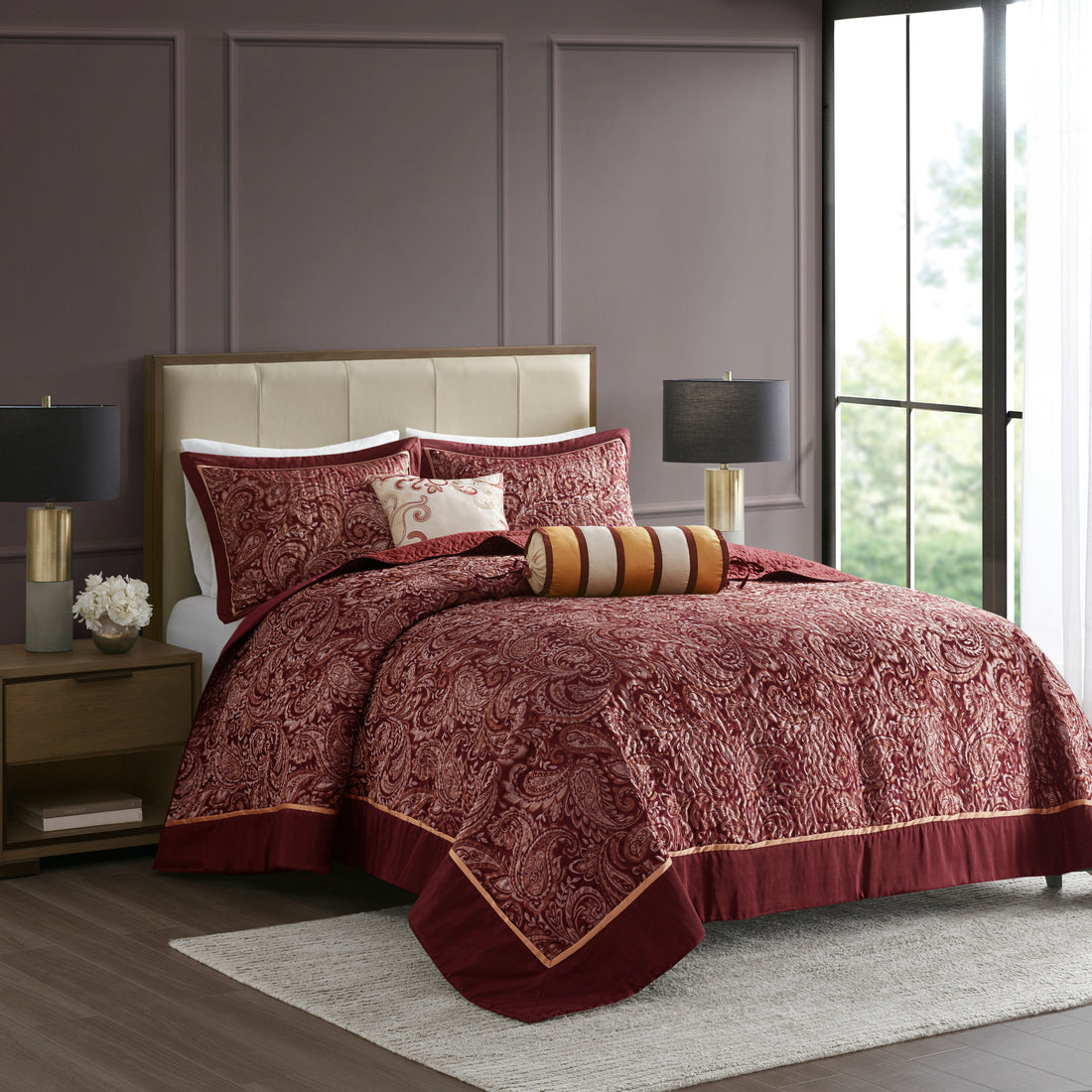 5 Piece Jacquard Bedspread Set With Throw Pillows Burdy King King Burgundy Cotton