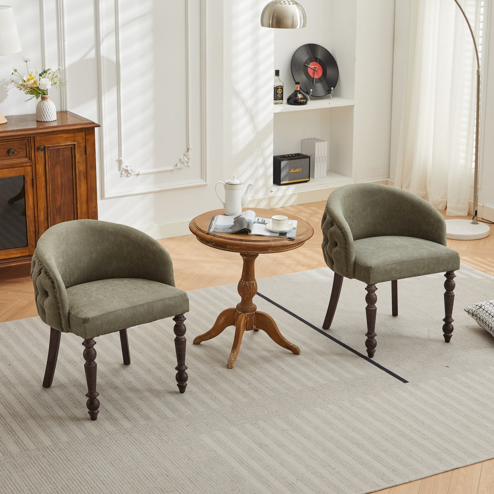 Hand Pulled Buckle Decoration Pu Dining Chair,Accent Leisure Chair, Mid Century Modern Arm Chair With Solid Wood Armrests And Legs, 1 Seat Cushioned Sofa For Living Room Bedroom,Olive Green Color Olive Green Primary Living Space American Design