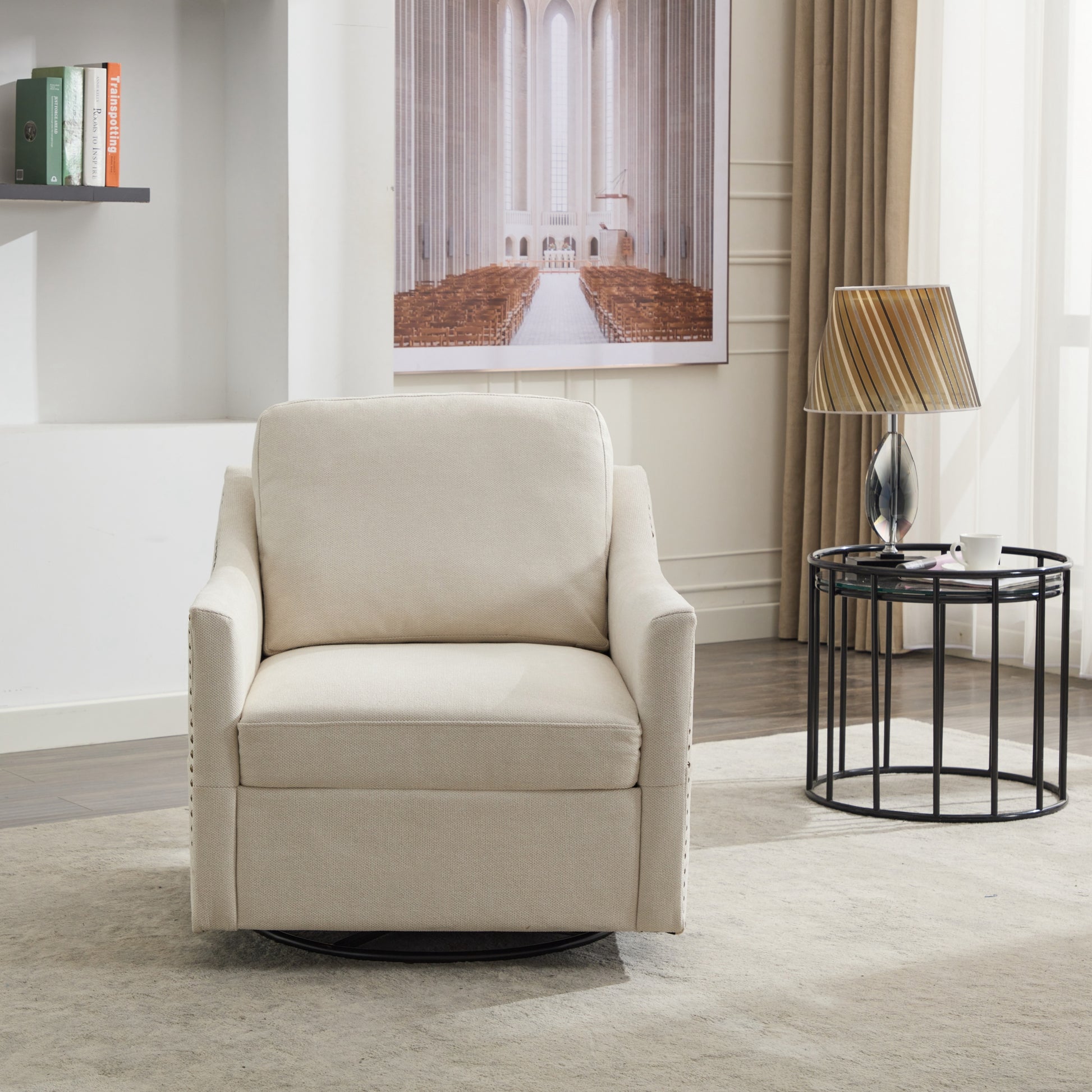 Cream White Fabric Swivel Rotating Accent Chair With Usb And Magazine Book For Living Room And Hotel Bed Room Cream White White Primary Living Space American Design,Classic,Modern Pine Foam Wood Fabric
