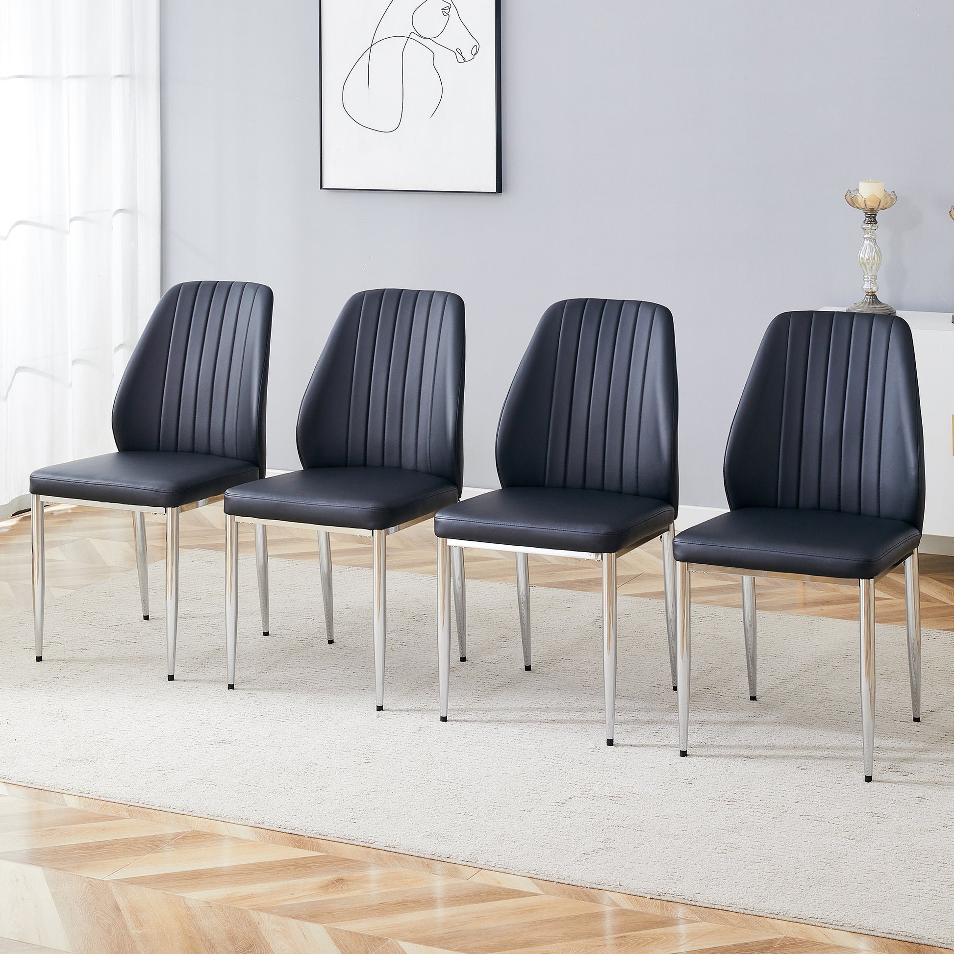 Set Of Four Black Pu Comfort Dining Chairs 17.7"X25" .Dining Chair With Extended Backrest,Black Pu,Silver Metal Legs,Suitable For Various Places Such As Family Restaurants, Hotels, Coffee Shops,Etc.