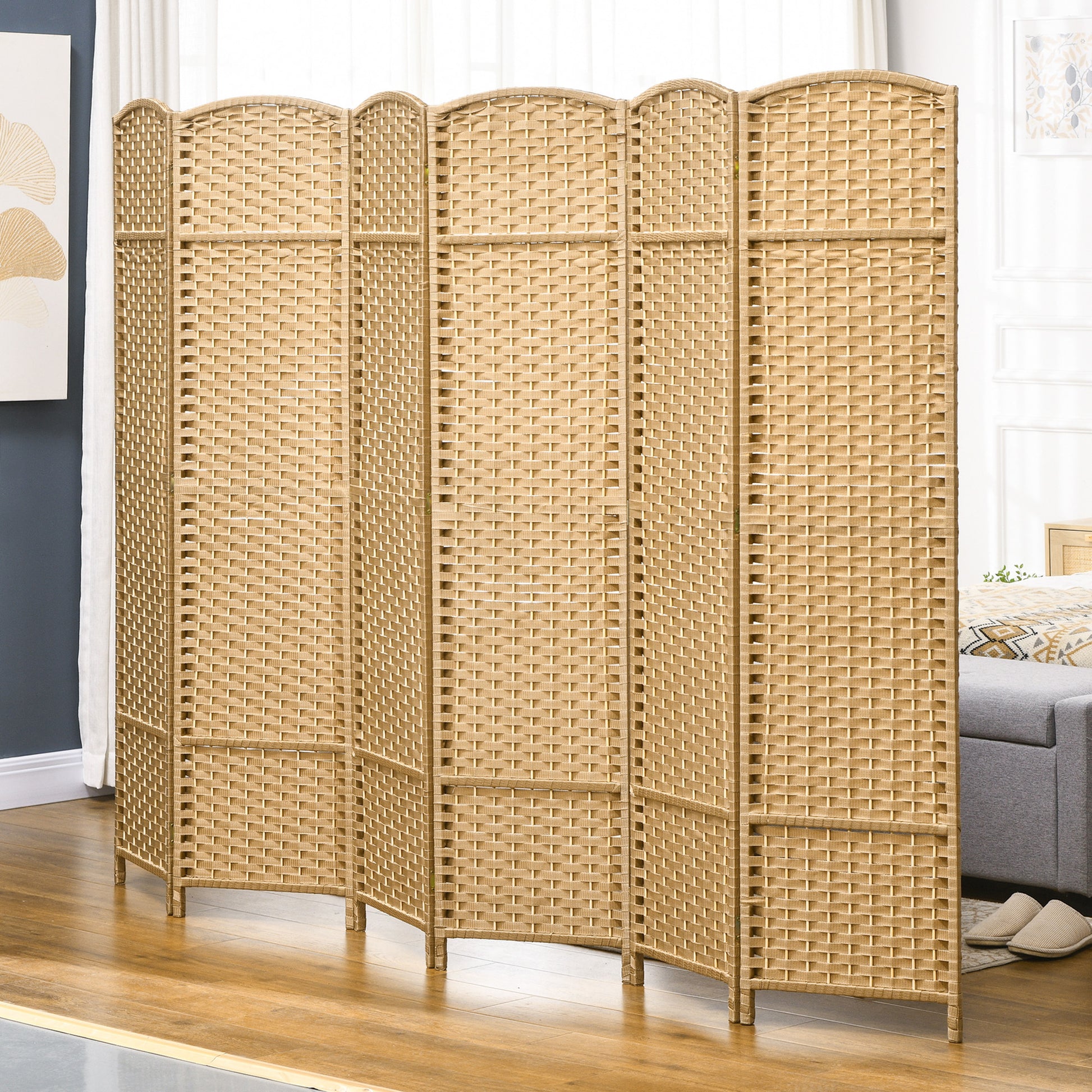 Homcom Room Divider, 6 Panel Folding Privacy Screen, 5.6' Tall Freestanding Wall Partition For Home Office, Bedroom, Nature Wood Natural Wood Polypropylene