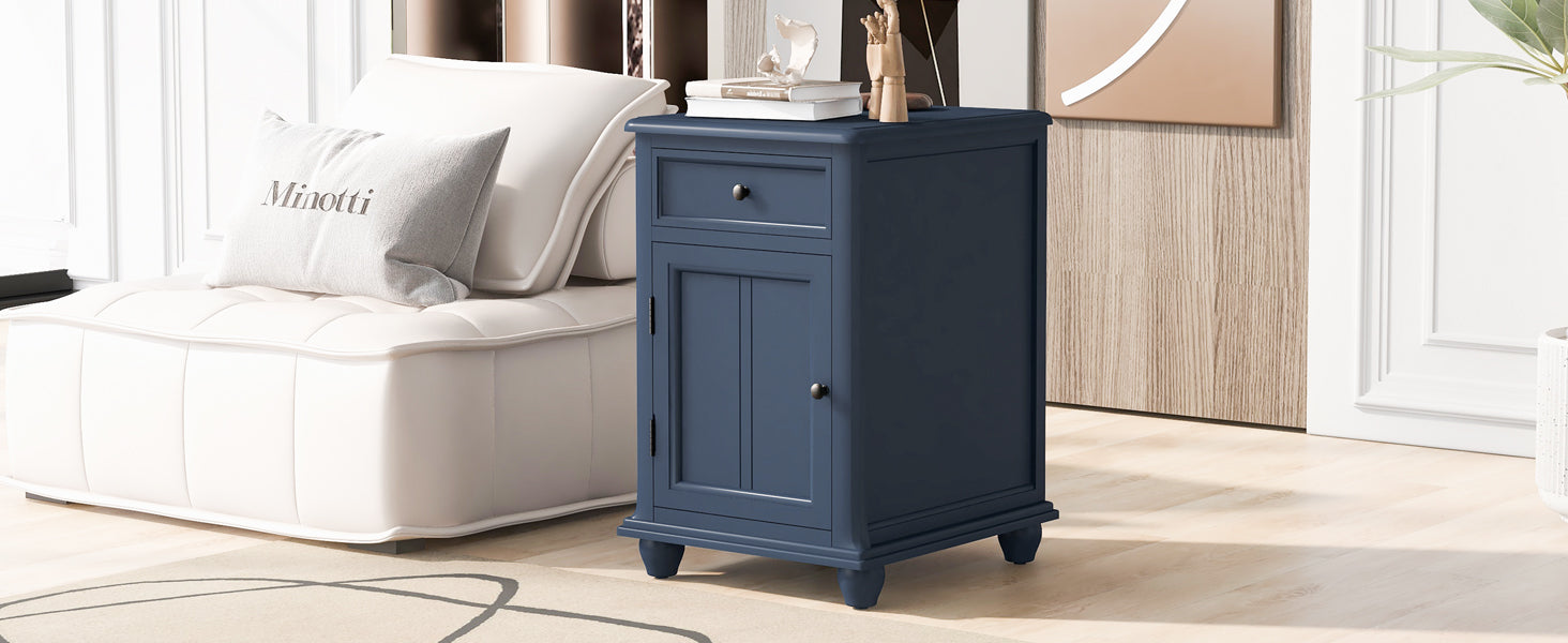 End Table With Solid Wood Legs, Side Table With Usb Ports, 1 Storage Cabinet And 1 Drawer For Living Room, Antique Navy Antique Navy Solid Wood Mdf