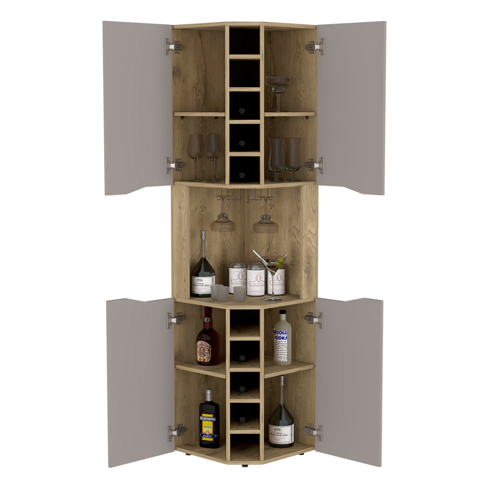 Obregon Corner Bar Cabinet, Ten Built In Wine Rack, Single Door Macadamia Taupe Taupe Natural Kitchen Modern Particle Board