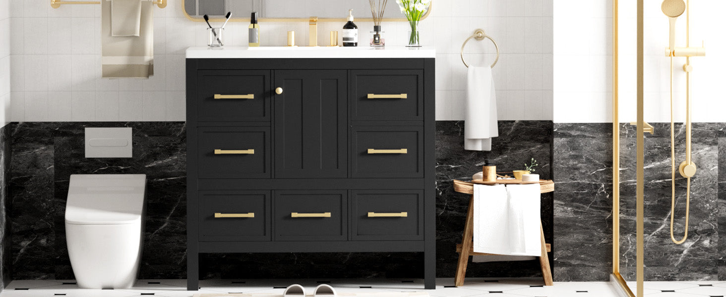 36'' Bathroom Vanity With Resin Sink Combo, Solid Wood Frame Bathroom Storage Cabinet, Freestanding Vanity Set With 5 Drawers& Soft Closing Doors Same As N710S136002B Black Bathroom Solid Wood Mdf Resin