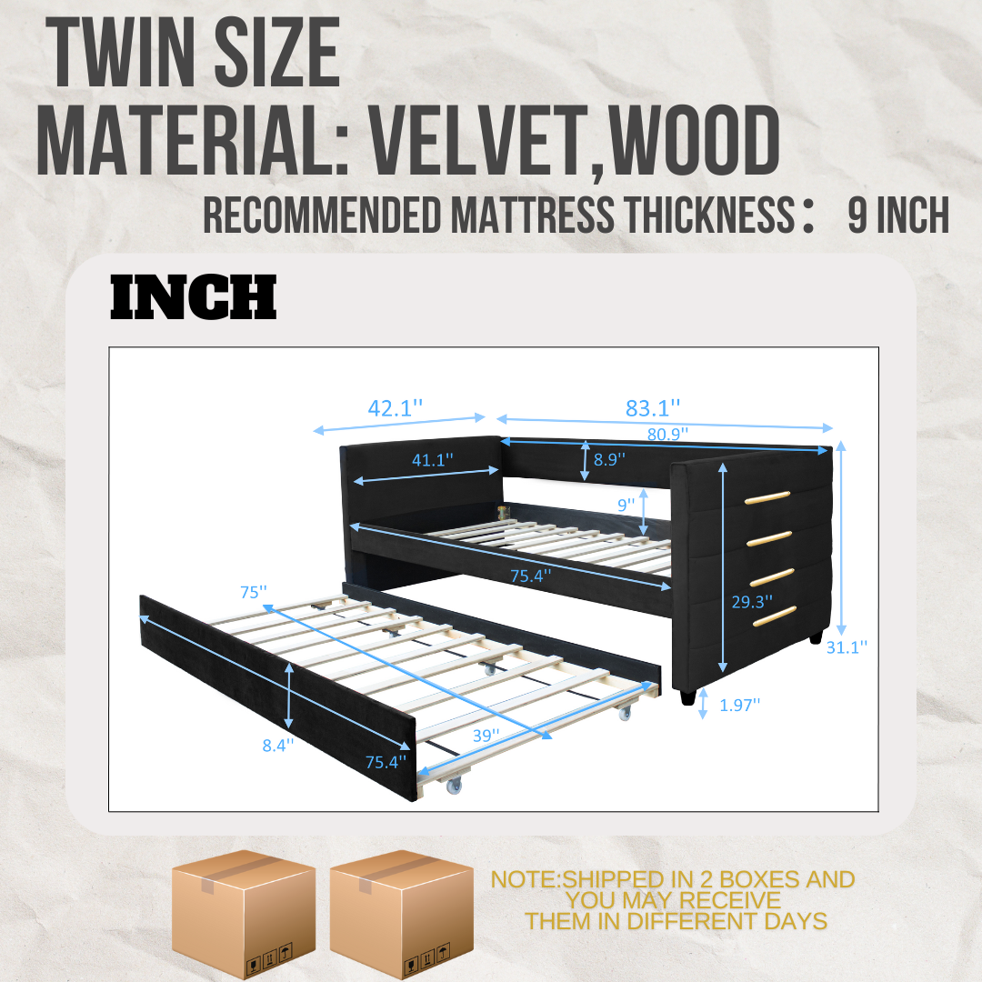 Black Upholstered Twin Size Daybed With Trundle, Velvet Fabric, Gold Iron Bar Design, No Springs Required, Moderen Style Box Spring Not Required Twin Black Wood Espresso Bedroom Minimalist,Modern,Ultra Modern Rubberwood Fiber Foam And Polyester Fiber Pad