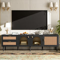 Rattan Tv Stand With 3 Cabinets & 2 Drawers, Rattan Inspired Media Console Table For Tvs Up To 80'', Led Light Entertainment Center, Tv Cabinet For Living Room, Bedroom, Home Theatre Black Primary