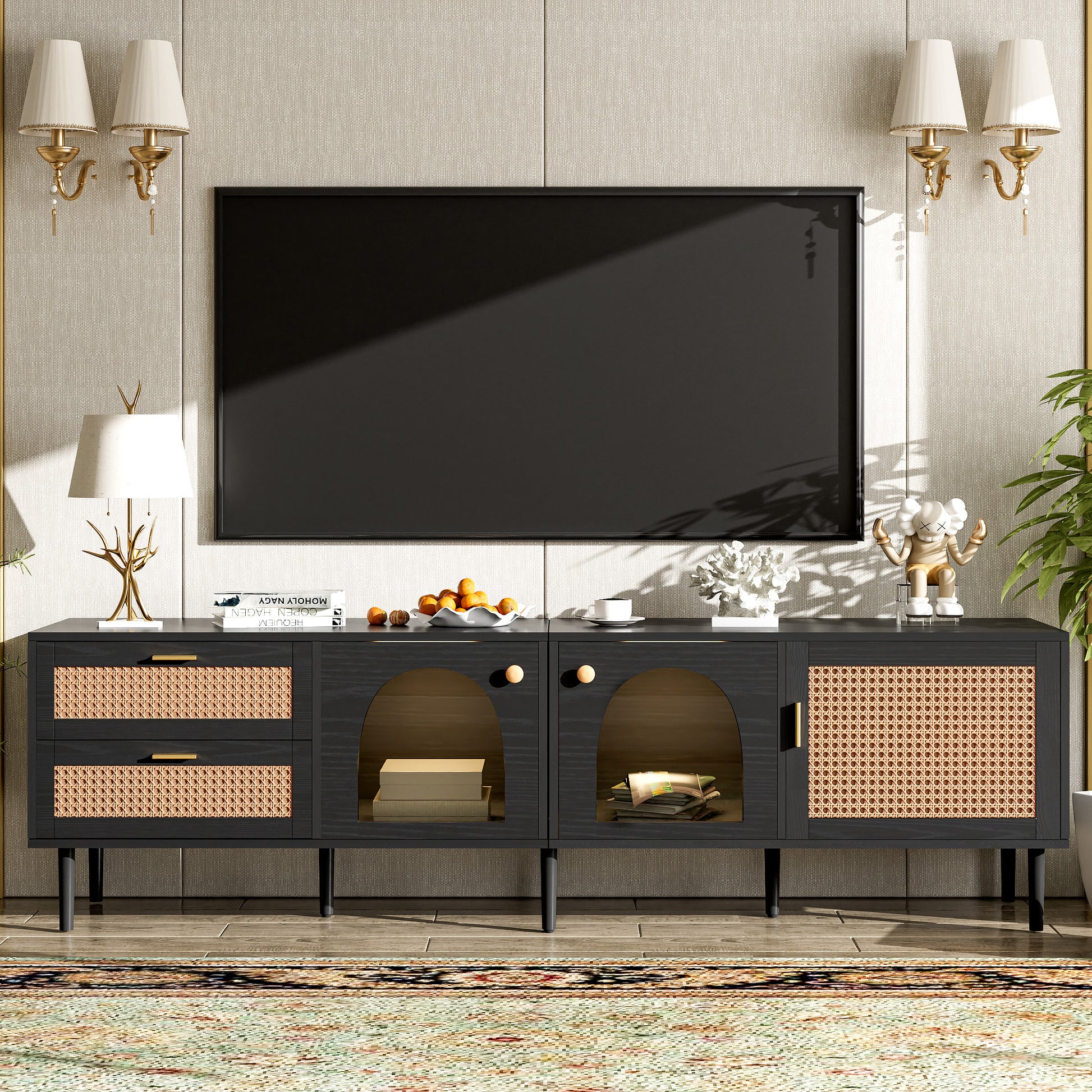 Rattan Tv Stand With 3 Cabinets & 2 Drawers, Rattan Inspired Media Console Table For Tvs Up To 80'', Led Light Entertainment Center, Tv Cabinet For Living Room, Bedroom, Home Theatre Black Primary