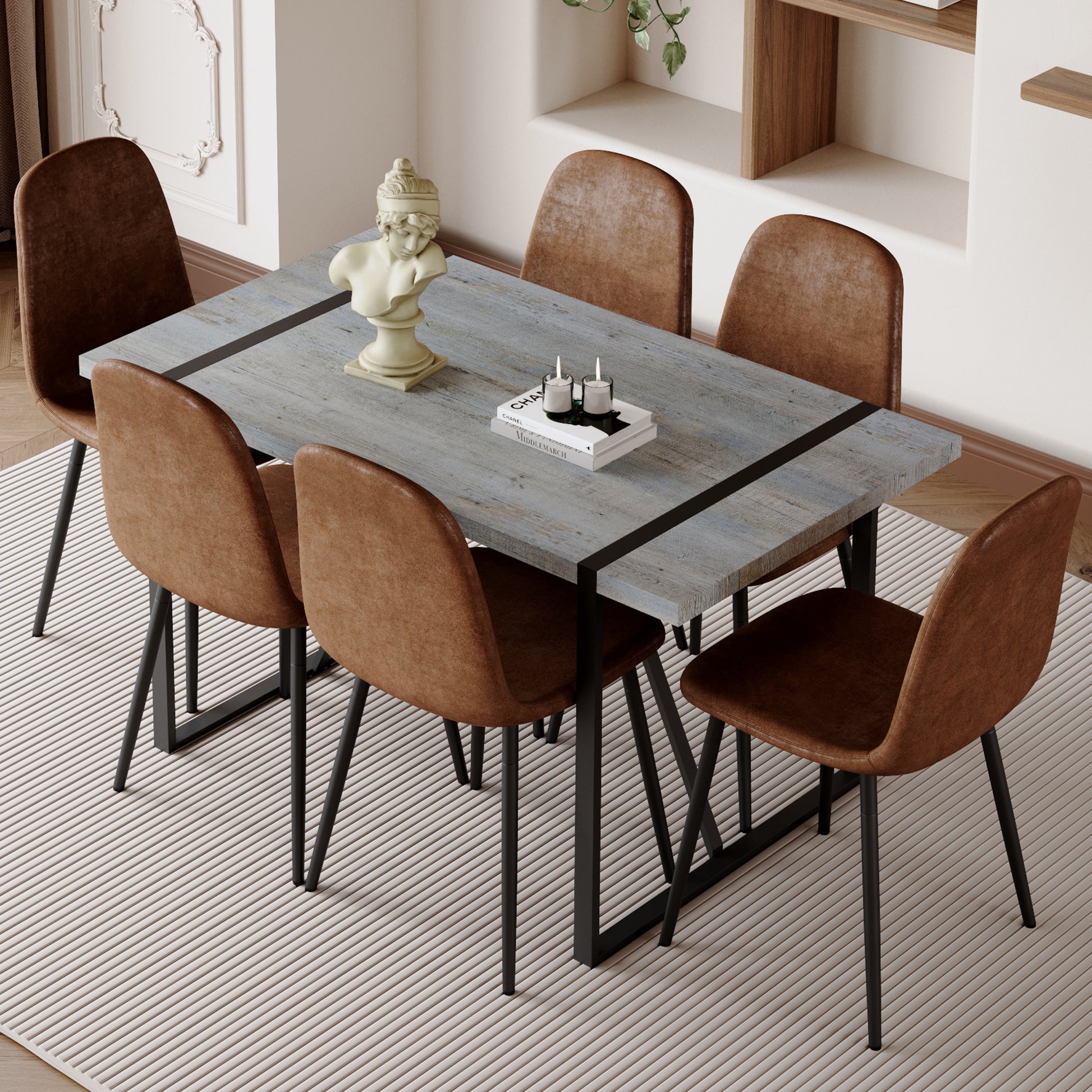 Table And Chair Set. A Minimalist Retro Rectangular Dining Table With A Specially Textured Top And Black Metal Legs, Paired With 6 Soft Chairs And Black Metal Legs, Showcases A Beautiful Home Style.