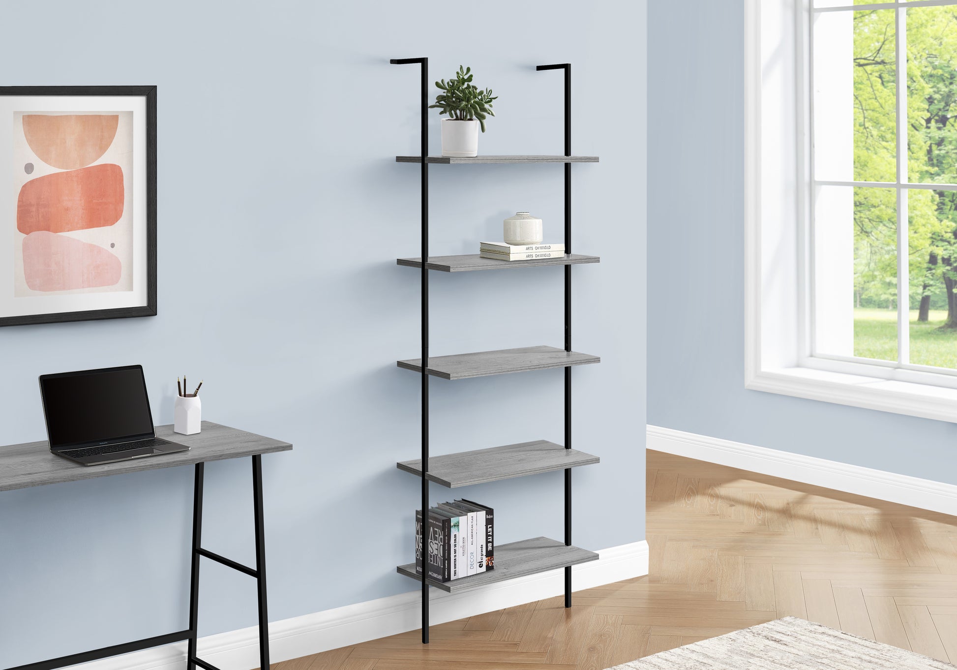 Bookshelf, Bookcase, Etagere, Ladder, 5 Tier, 72"H, Office, Bedroom, Grey Laminate, Black Metal, Contemporary, Modern Grey Metal