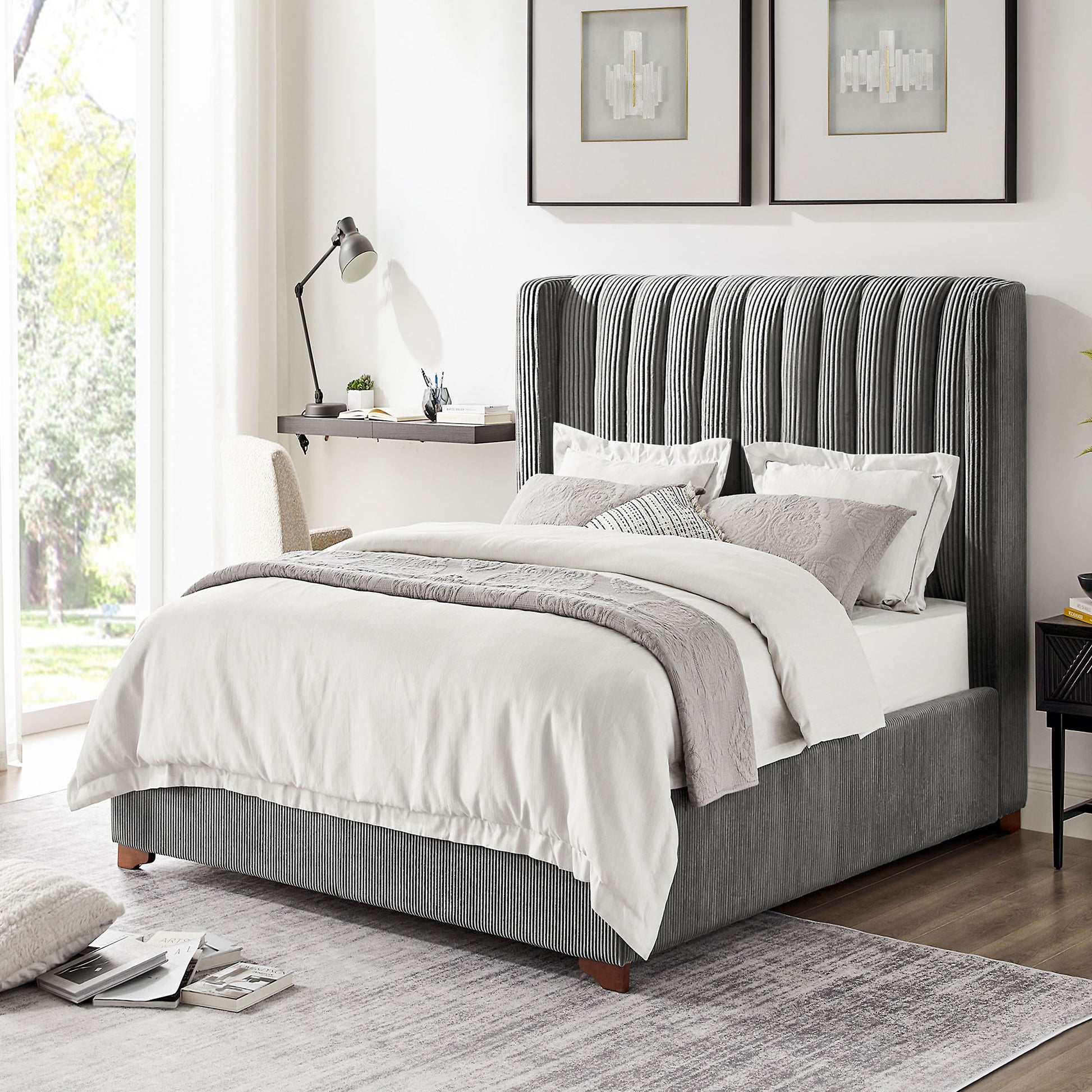 Twin Size Modern Design Bed Frame Upholstered Queen Bed Frame Platform With Headboard Corduroy Headboard Wooden Slats Support, No Box Spring Needed,Mattress Foundation,Dark Grey Twin Dark Grey Corduroy