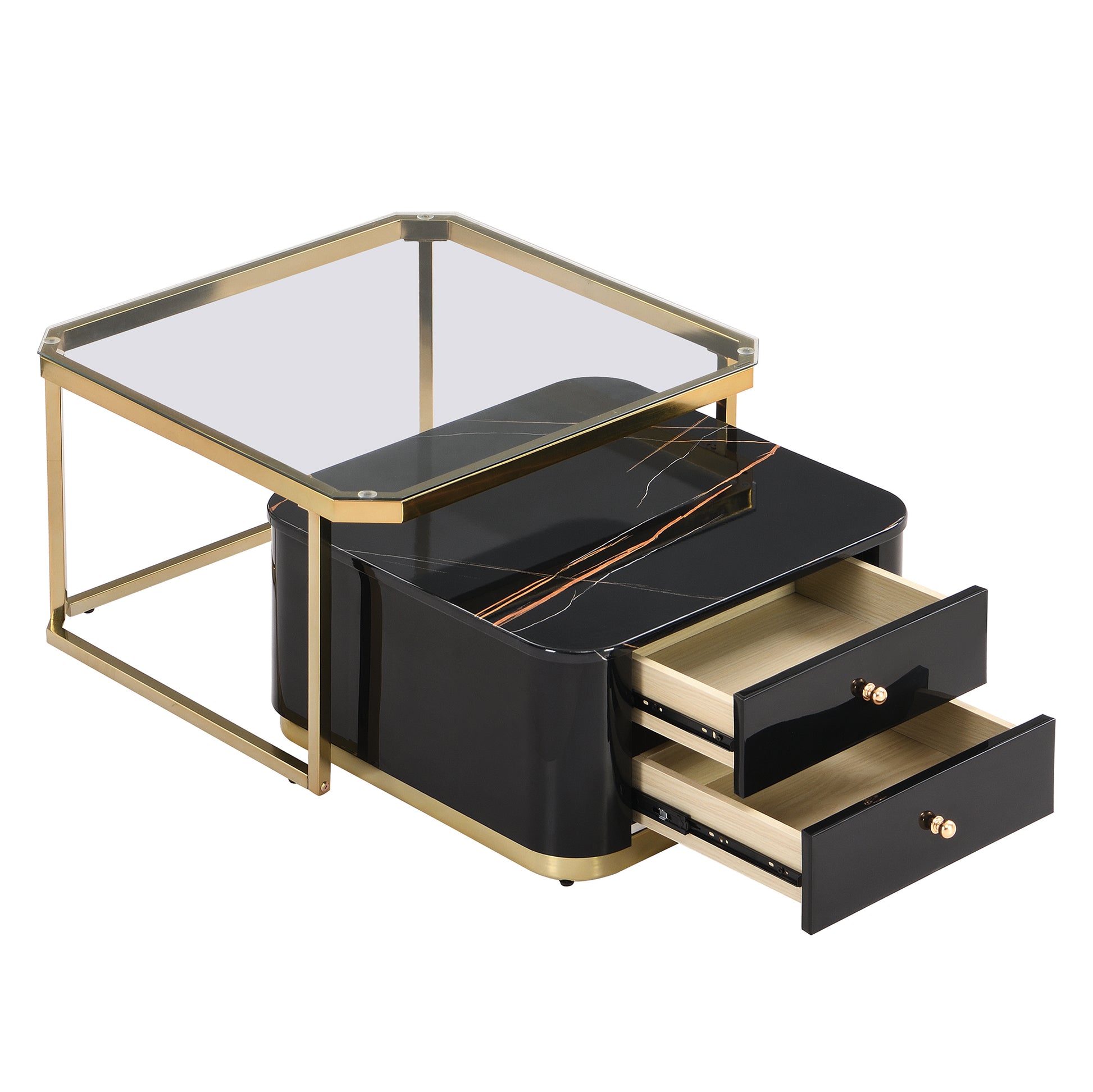 Modern 2 Pieces Black Square Nesting Coffee Table With Drawers & Electroplated Gold Legs In 27.6'' Golden Black Drawers Coffee & End Tables Glossy Square Mdf Glass Mdf Pedestal