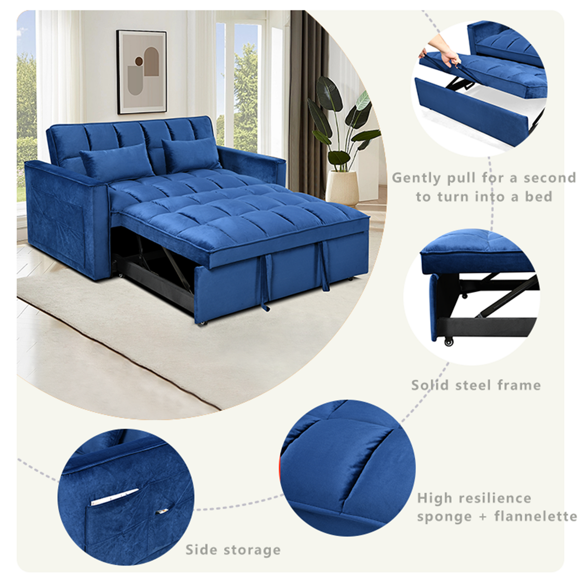 Modern Flannel Double Sofa With Folding Bed, Small Double Sofa With Three In One Convertible Sofa Bed, Adjustable Backrest And Storage Space, Including Pillows, Perfect For Living Room Or Bedroom Twin Blue Solid Wood