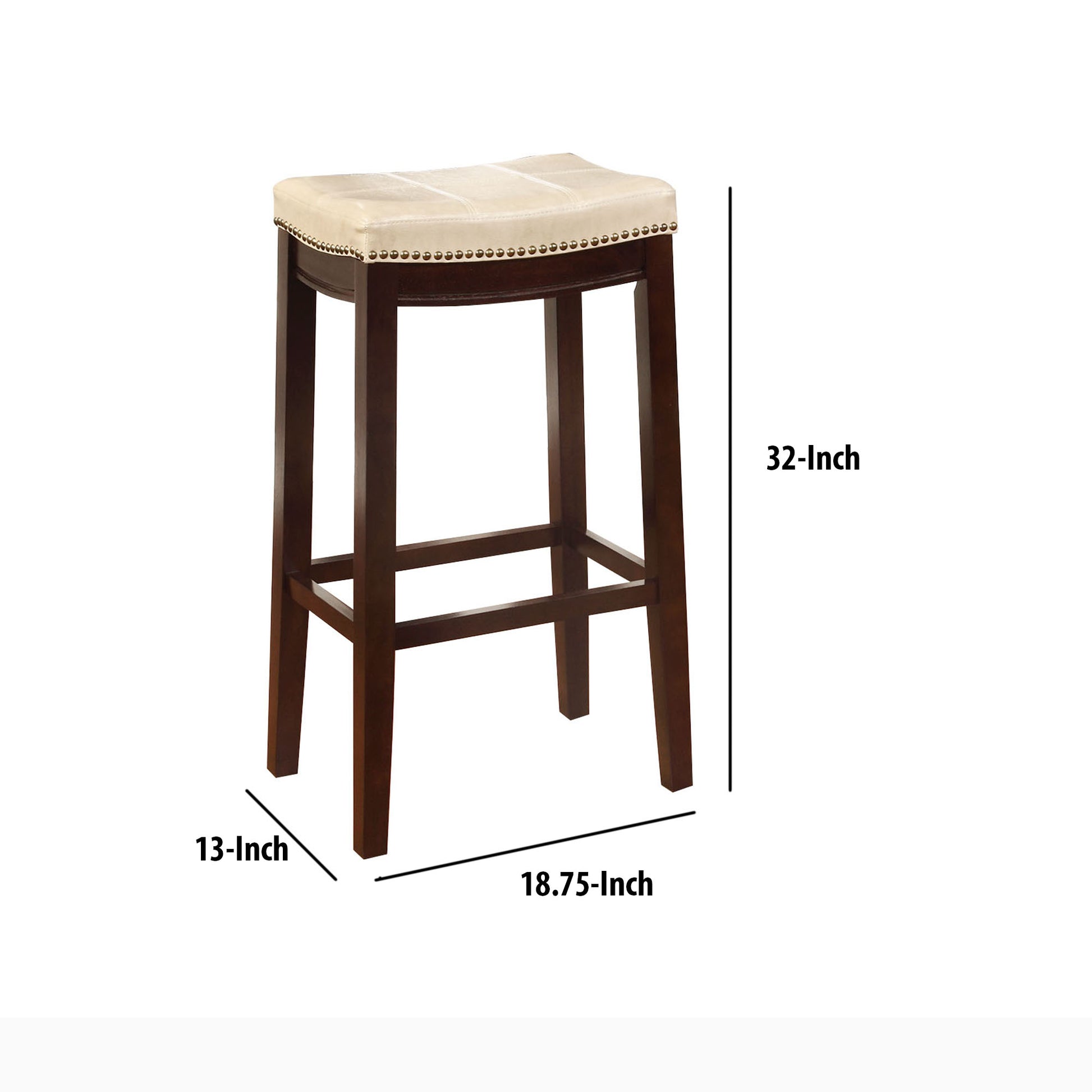 Wooden Bar Stool With Faux Leather Upholstery, Cream And Brown Cream Solid Wood