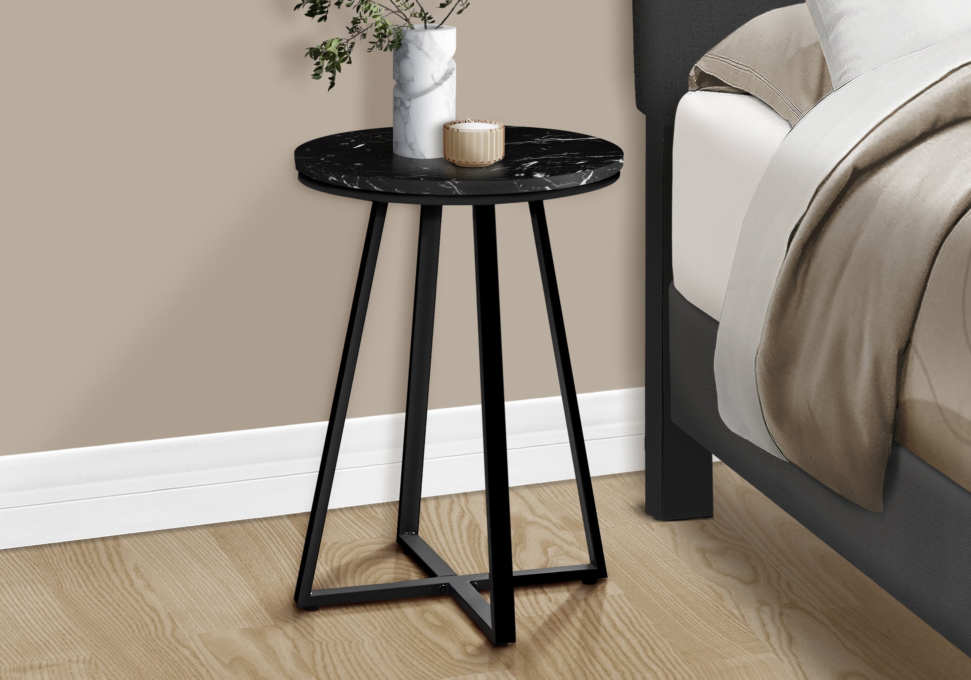 Accent Table, Side, Round, End, Nightstand, Lamp, Living Room, Bedroom, Black Marble Look Laminate, Black Metal, Contemporary, Modern Black Metal