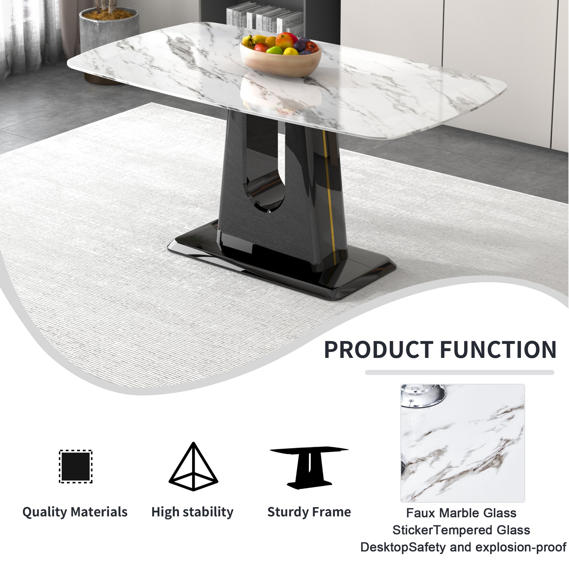 Table And Chair Set, Modern And Minimalist Dining Table, Imitation Marble Patterned Tabletop, Mdf Legs With U Shaped Brackets. Paired With Comfortable Chairs, Suitable For Dining And Living Rooms. Black Gold Mdf Glass