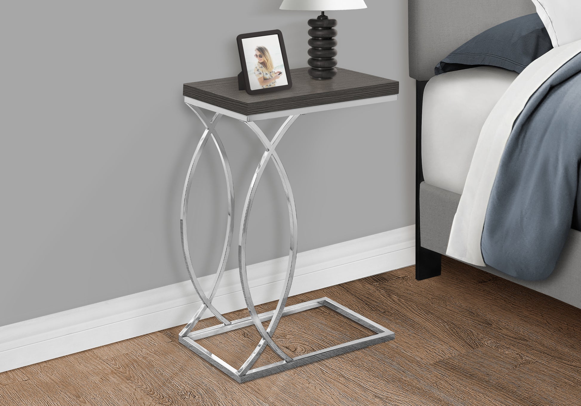 Accent Table, C Shaped, End, Side, Snack, Living Room, Bedroom, Grey Laminate, Chrome Metal, Contemporary, Modern Grey Mdf