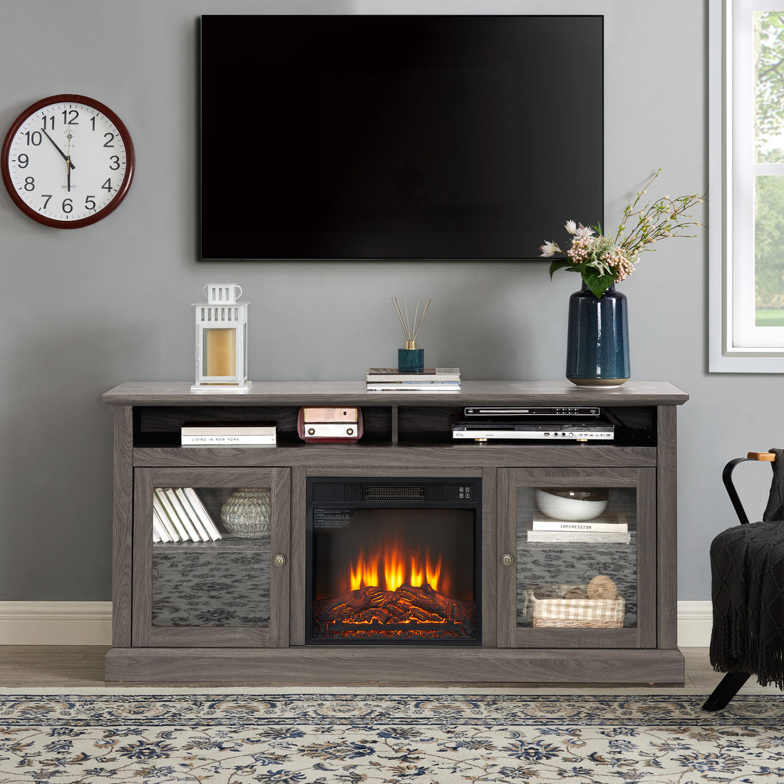 Modern Tv Media Stand Modern Entertainment Console With 18" Fireplace Insert For Tv Up To 65" With Open And Closed Storage Space, Dark Walnut Black, 60"W*15.75"D*29"H Black Dark Walnut 60 69 Inches Mdf