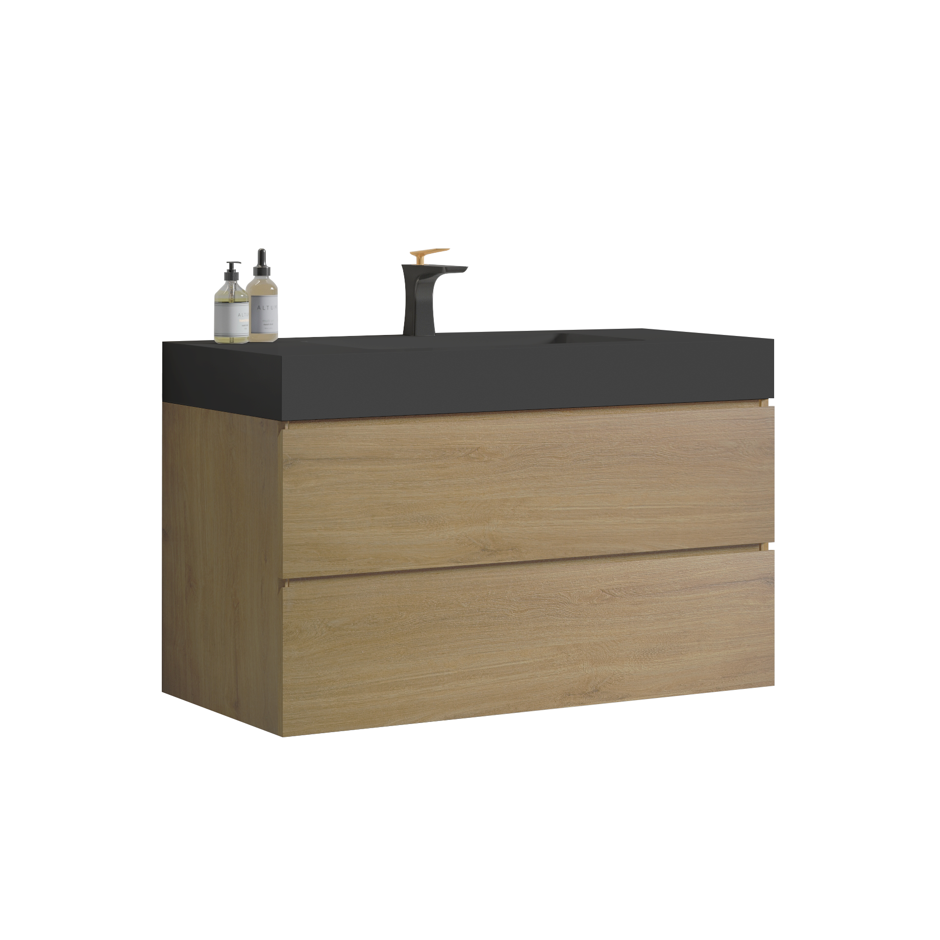 U092 Alice36W 106 Alice 36" Natural Oak Bathroom Vanity With Sink, Large Storage Wall Mounted Floating Bathroom Vanity For Modern Bathroom, One Piece Black Sink Basin Without Drain, Pre Assembled Walnut Black Bathroom Modern Mdf Melamine